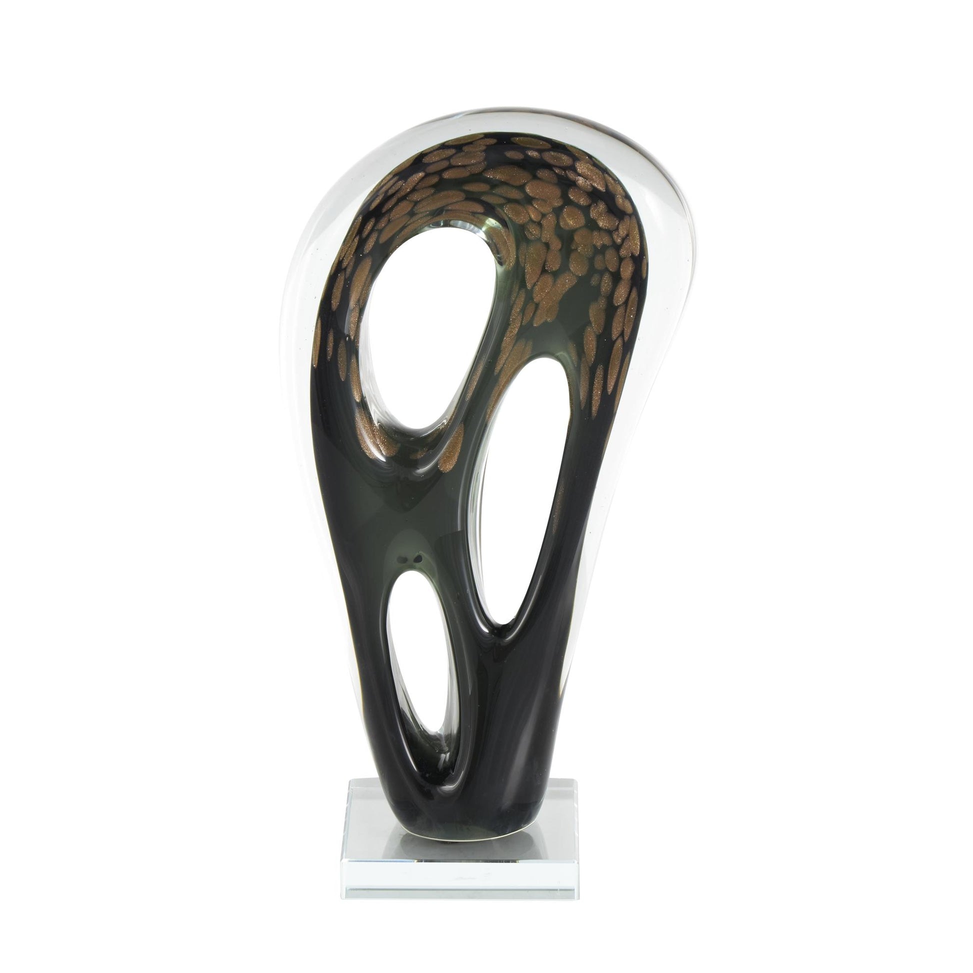 Abstract Black Glass Curved Cutout Decorative Sculpture with Gold Spotted Accents