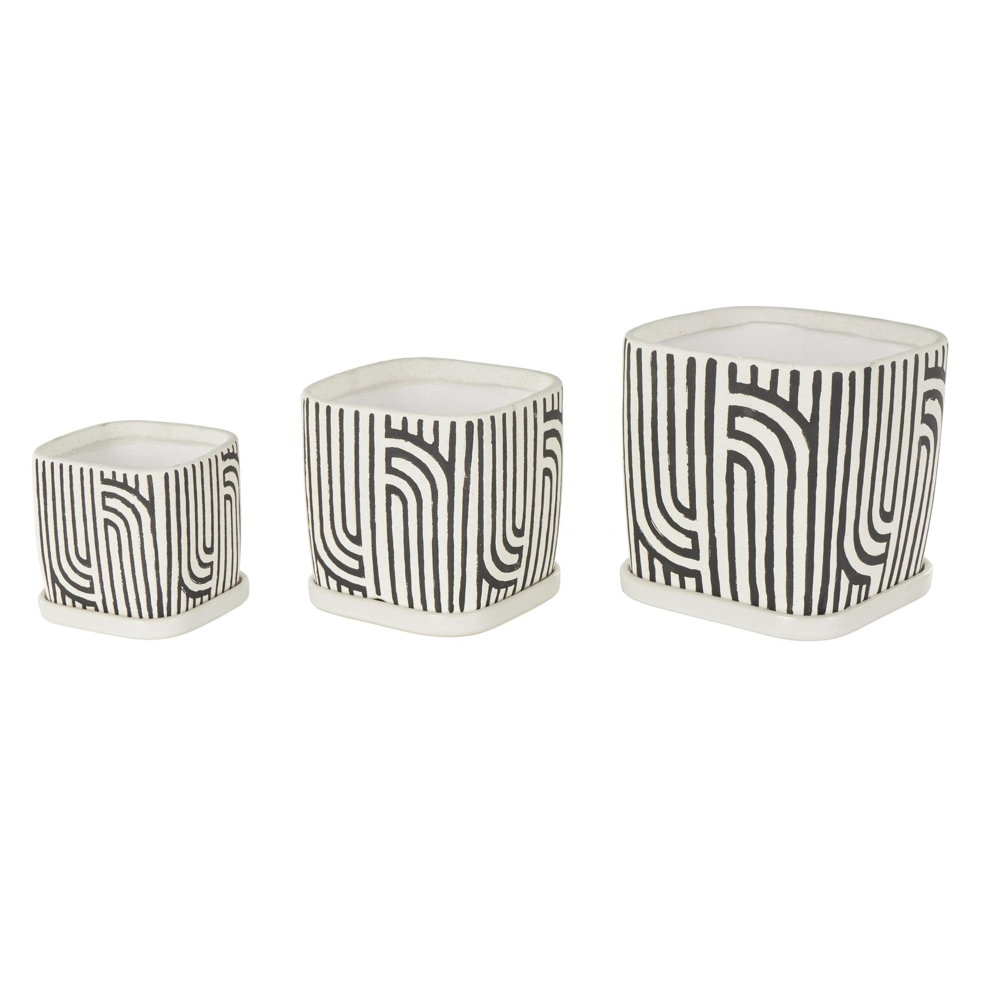 Set of 3 Geometric Ceramic Arched Patterned Indoor Outdoor Planter with Attached Saucer