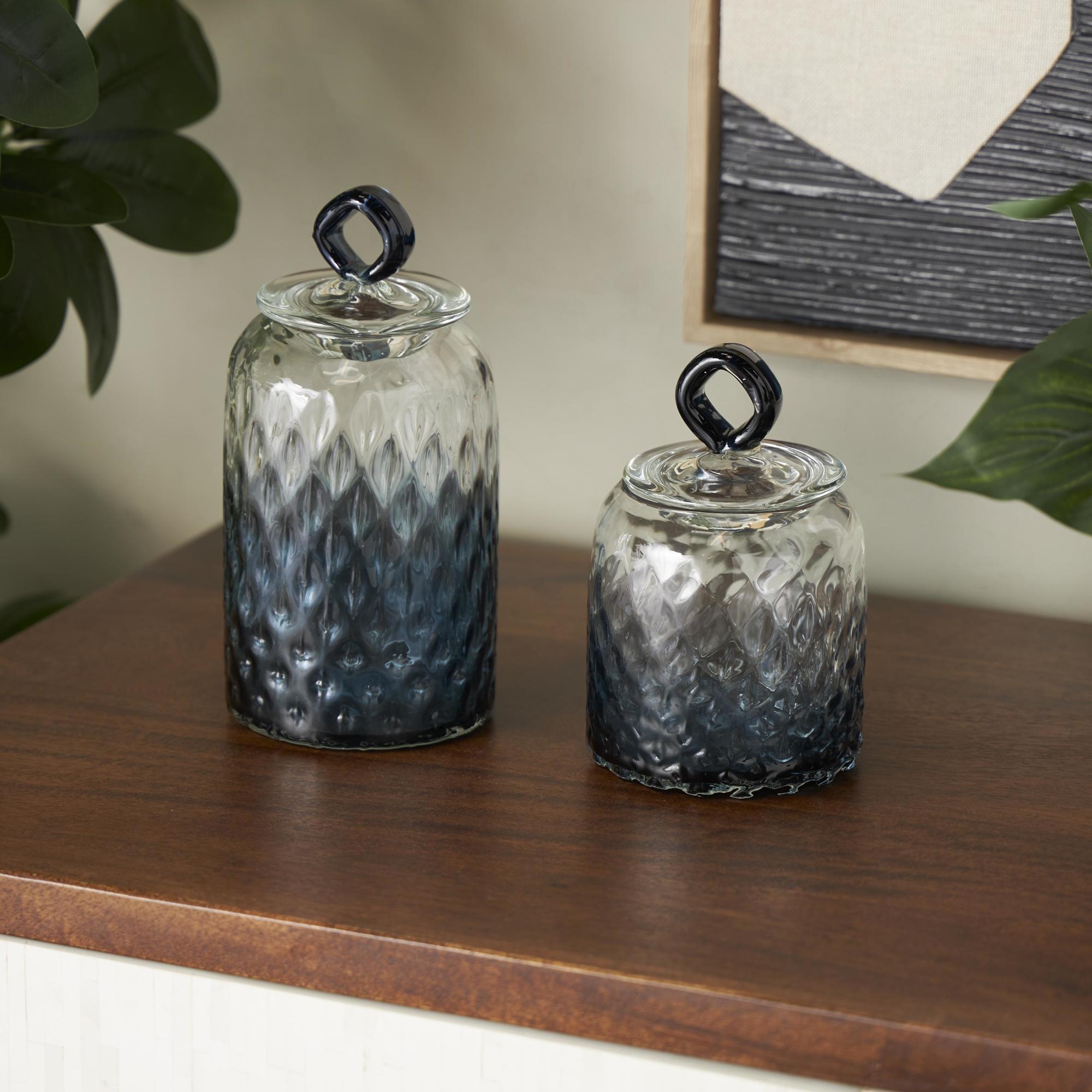 Set of 2 Geometric Dark Blue Glass Faceted Ombre Living Room Decorative Jars with Diamond Knobs