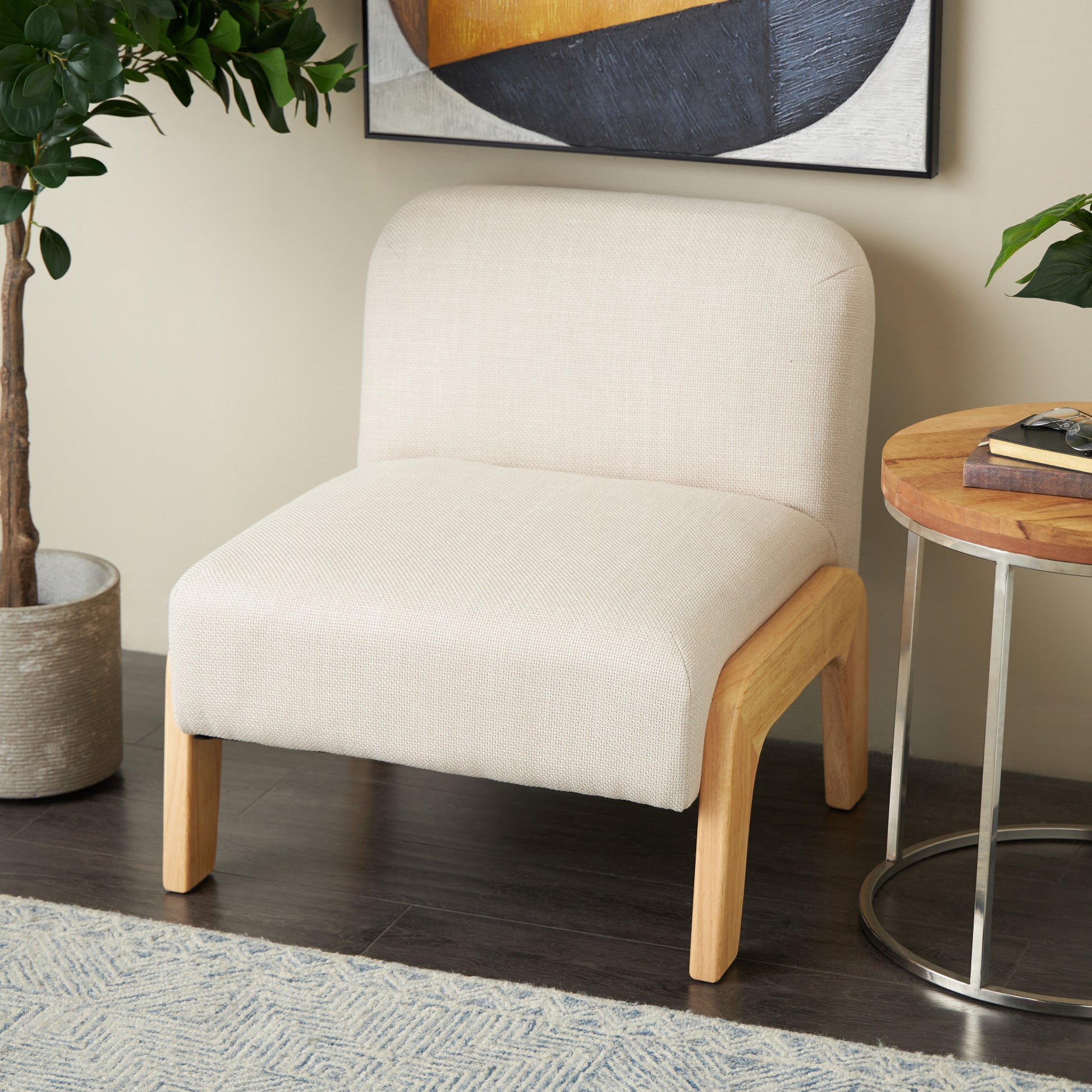 Beige Polyester Square Boucle Living Room Accent Chair with Brown Wooden Legs