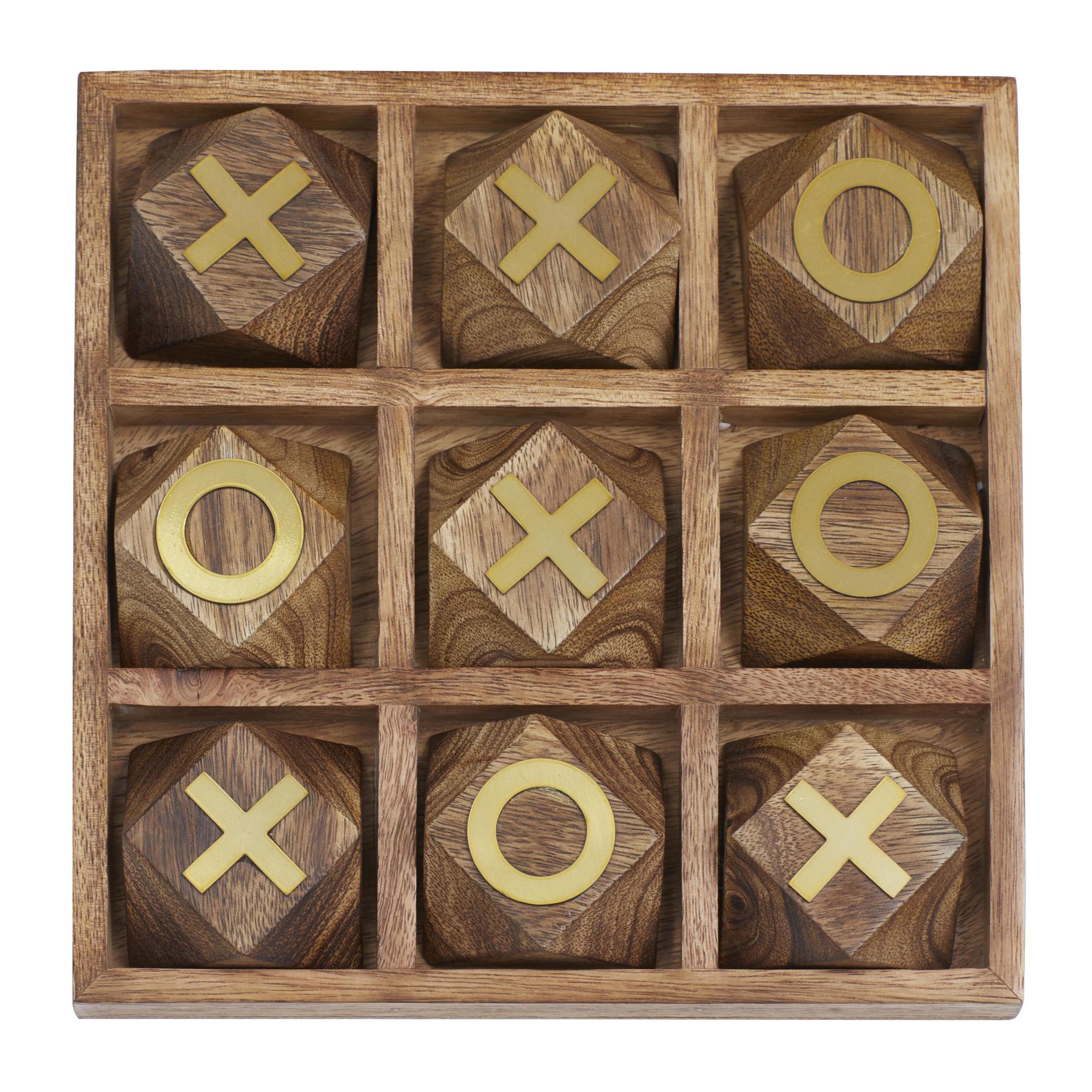 Tic Tac Toe Brown Wood Geometric Home Decor Game Set with Gold Inlay