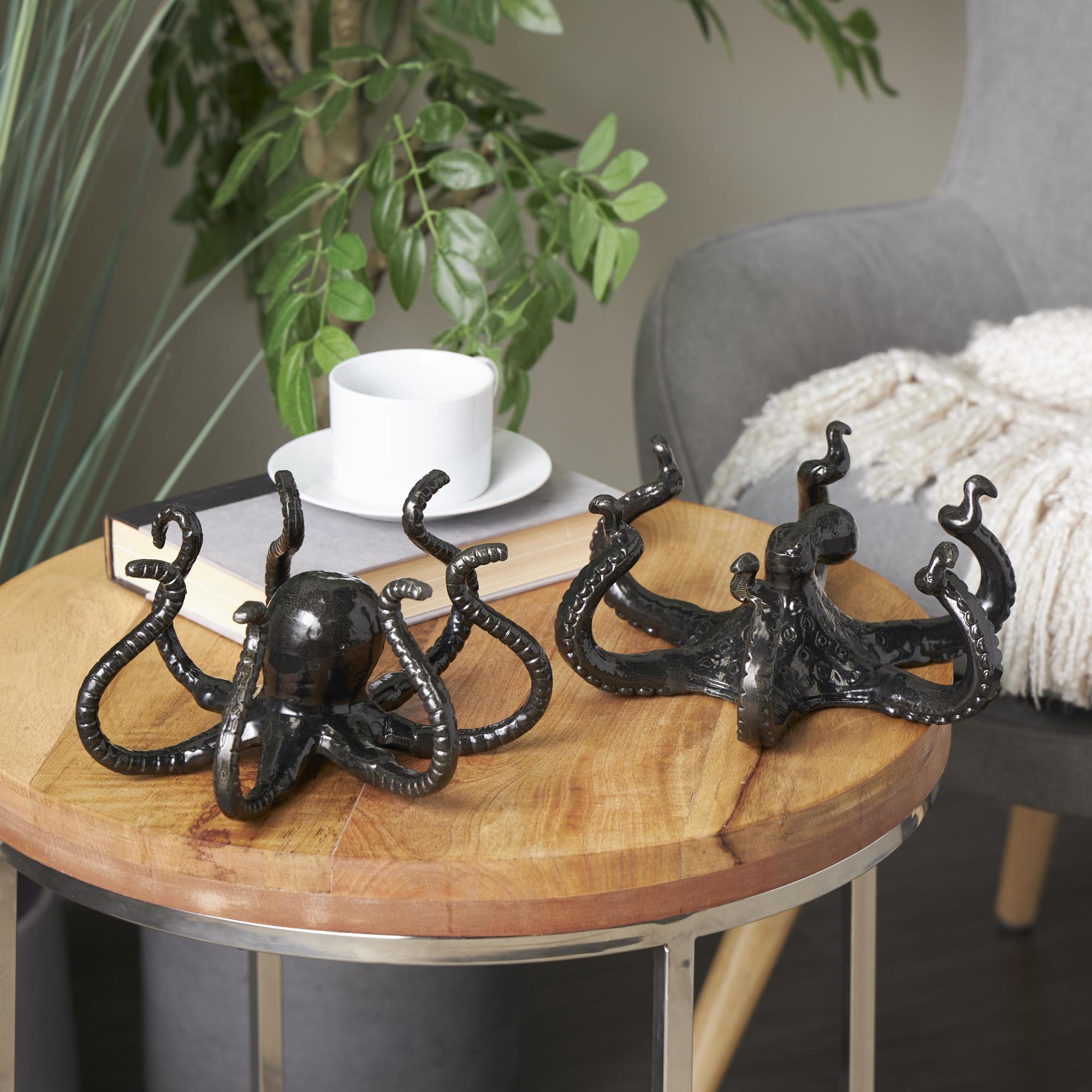 Set of 2 Octopus Black Aluminum Metal Decorative Sculpture with Splayed Arms