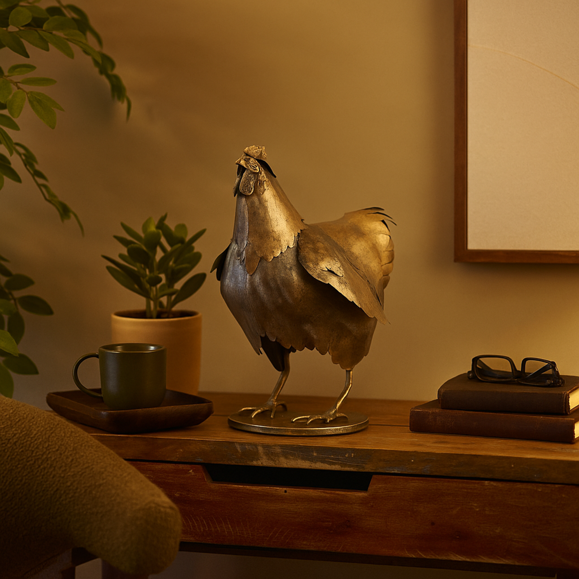 Chicken Bronze Metal Patina Decorative Garden Sculpture