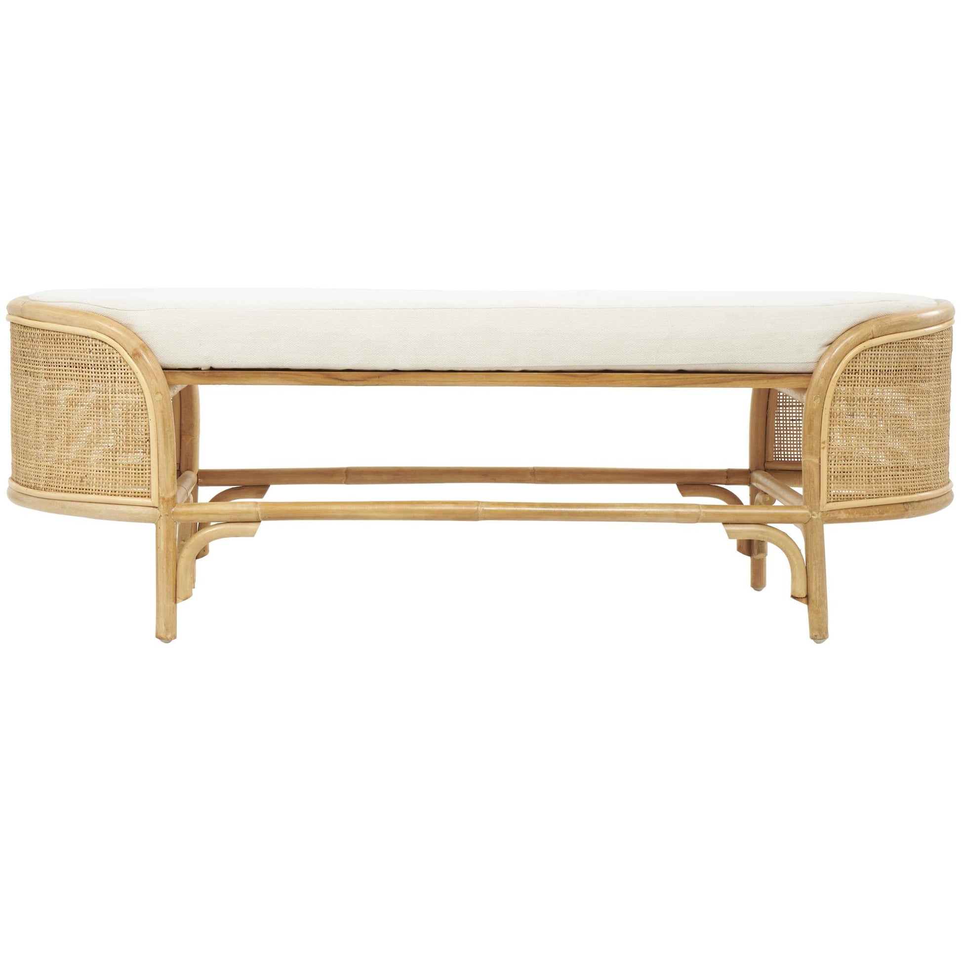 Brown Rattan Handmade Oval Home Bench with White Fabric Cushion