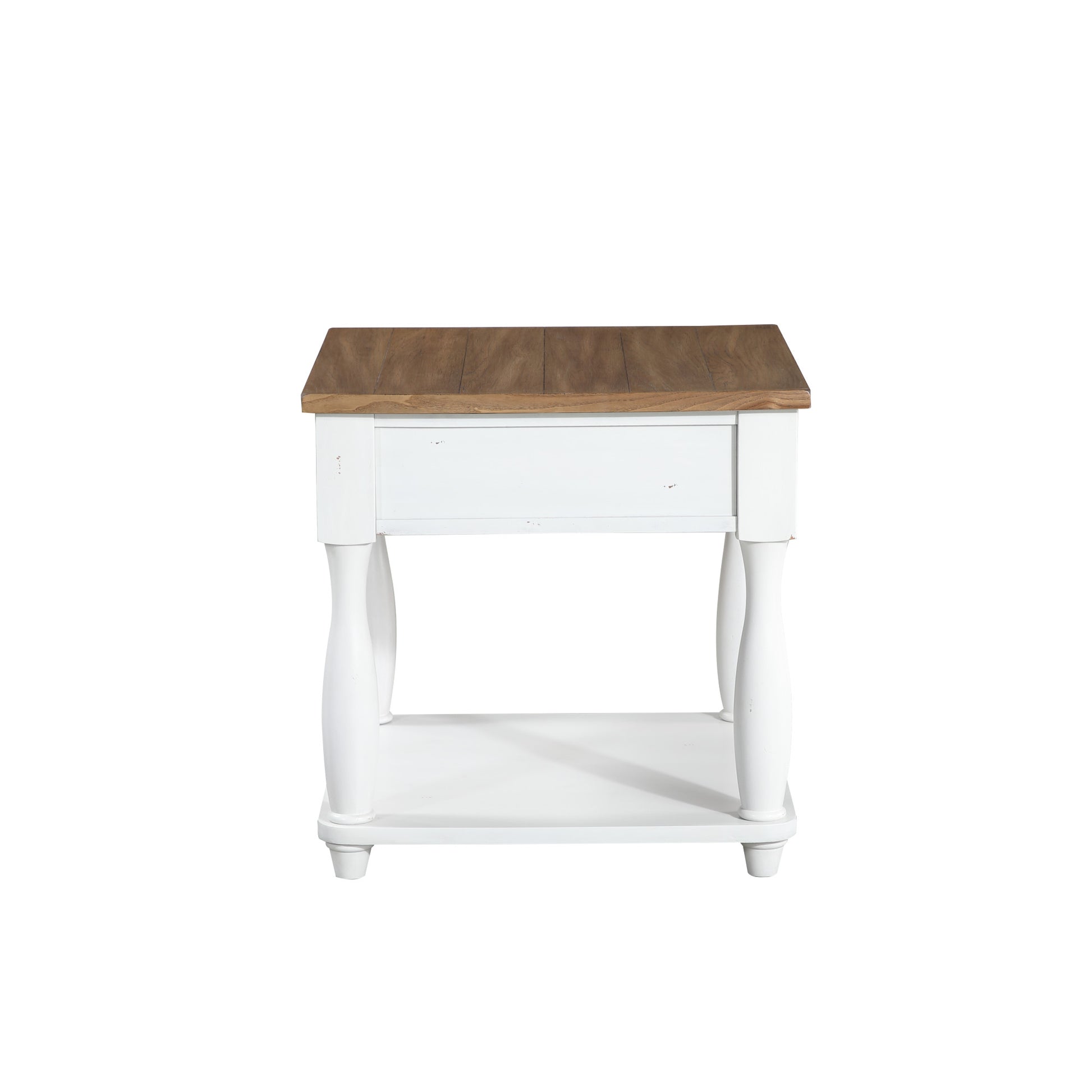 White Wood Square 1 Drawer Side End Accent Table with Brown Wood Tabletop and Turned Legs