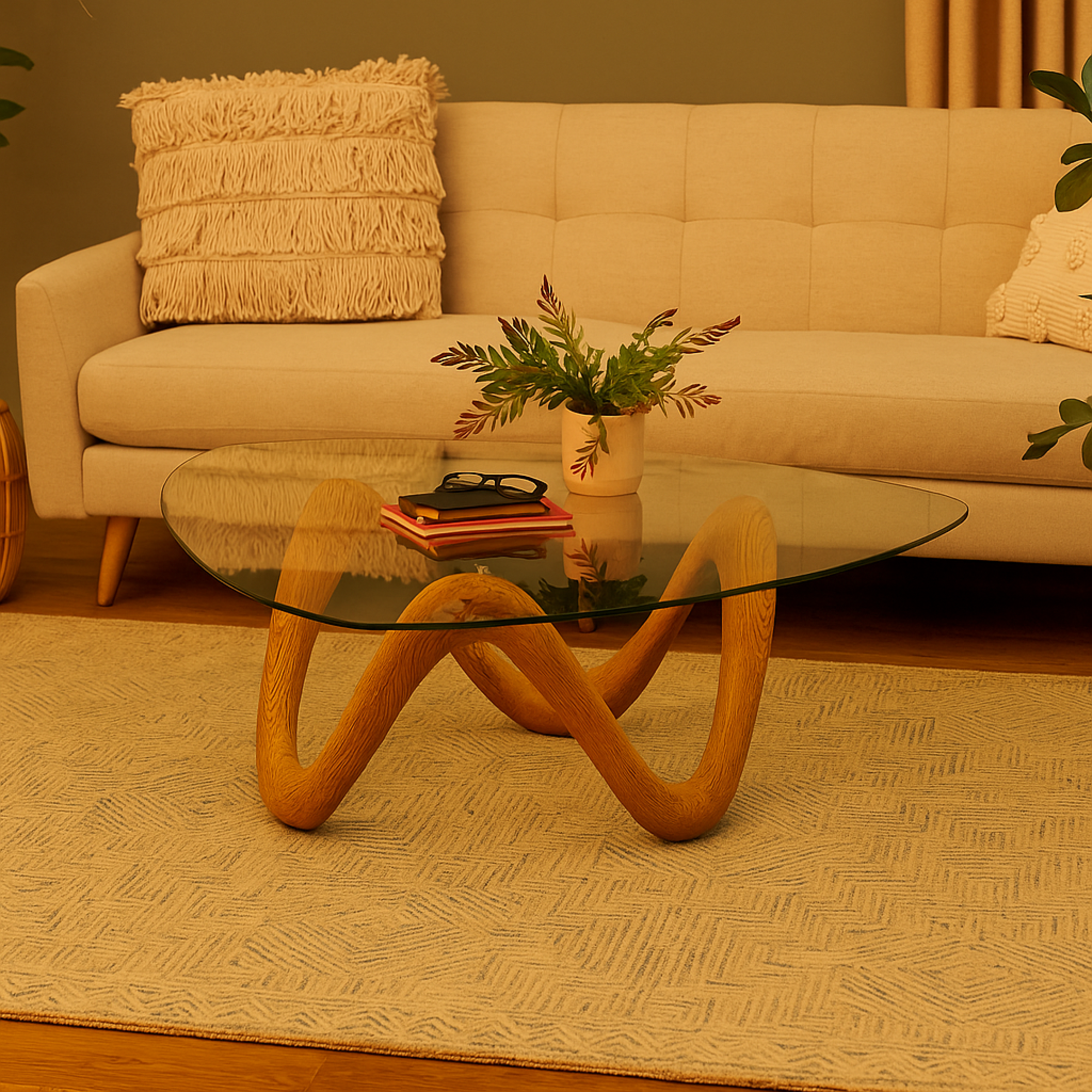 Abstract Polystone Wood Inspired Wavy Side End Accent Table with Glass Tabletop