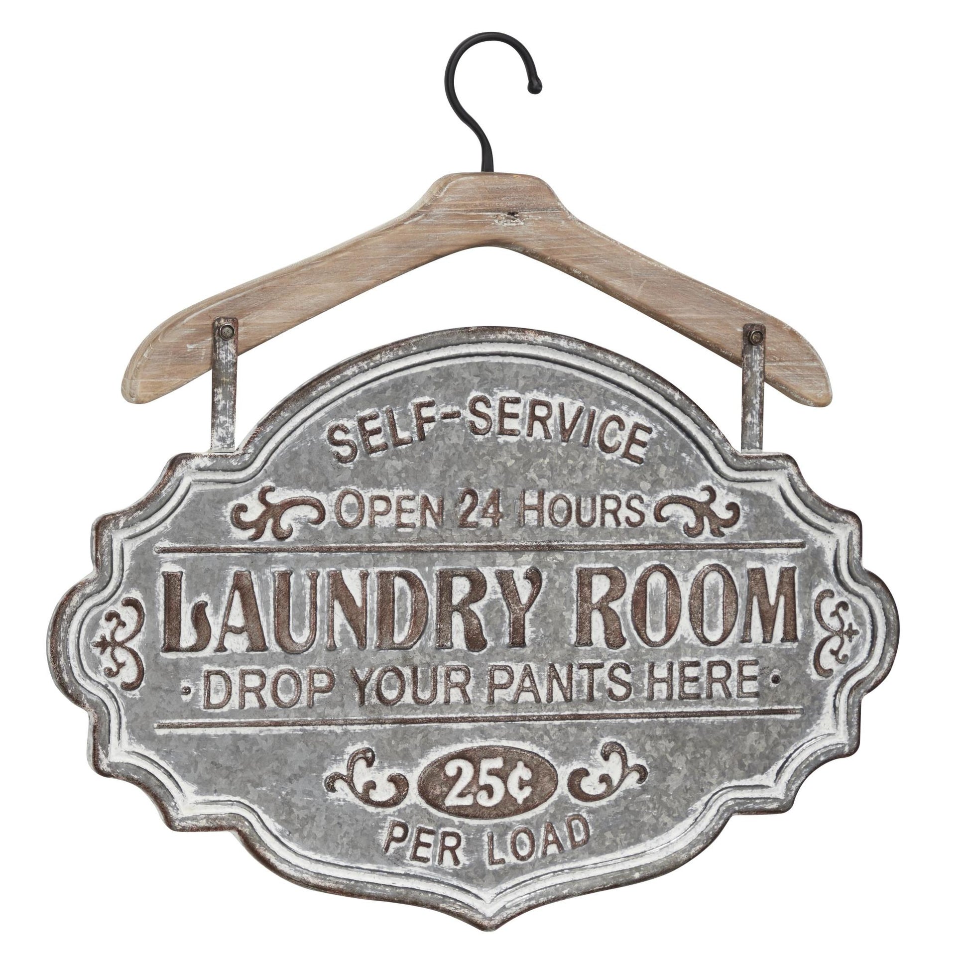 Sign Gray Metal Laundry Room Home Wall Decor with Brown Wood Hanger