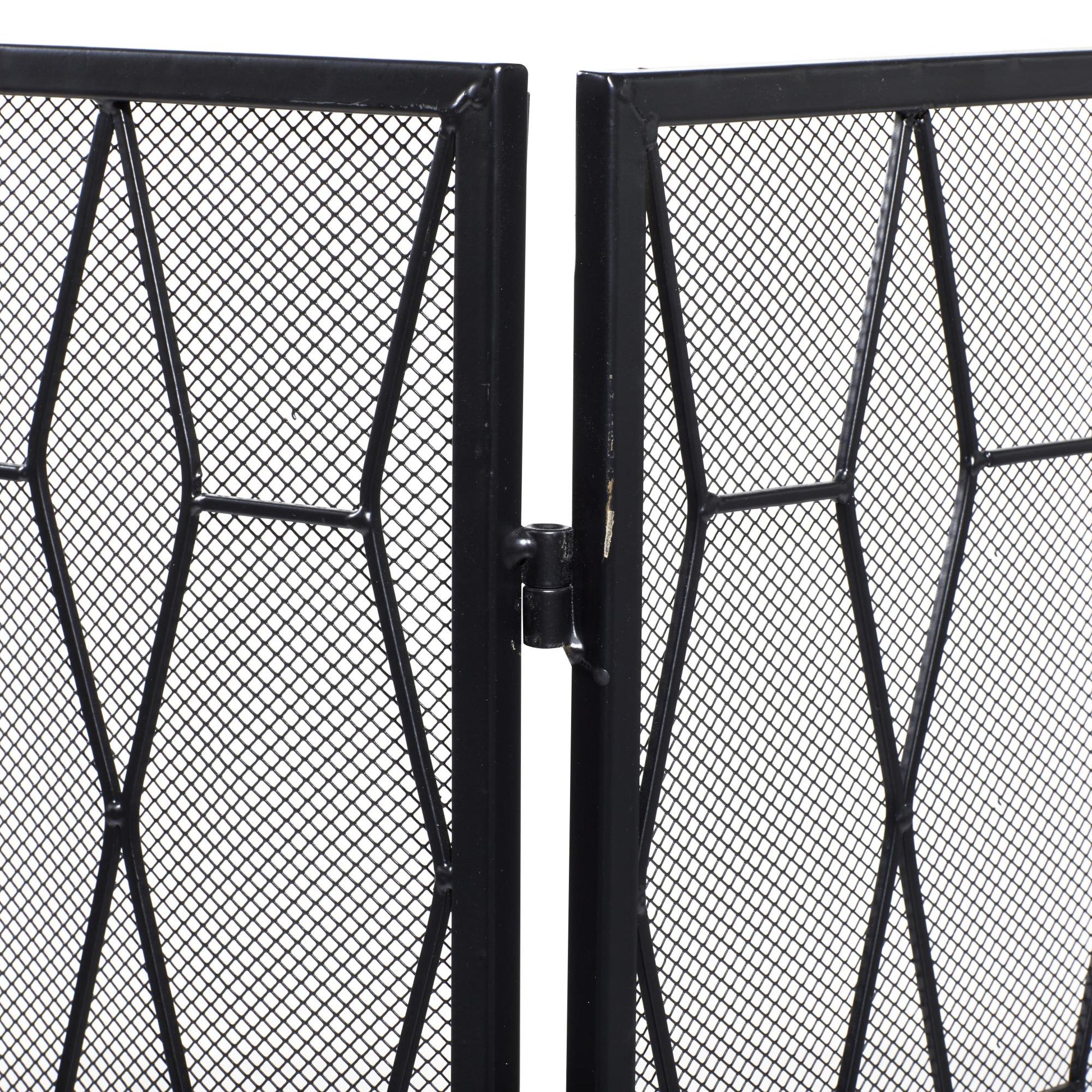 Geometric Black Metal Foldable 3 Panel Living Room Fireplace Screen with Mesh Netting