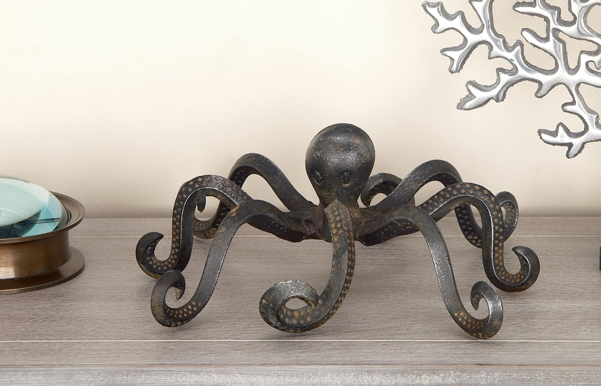 Octopus Black Metal Decorative Sculpture with Long Tentacles and Suctions Detailing