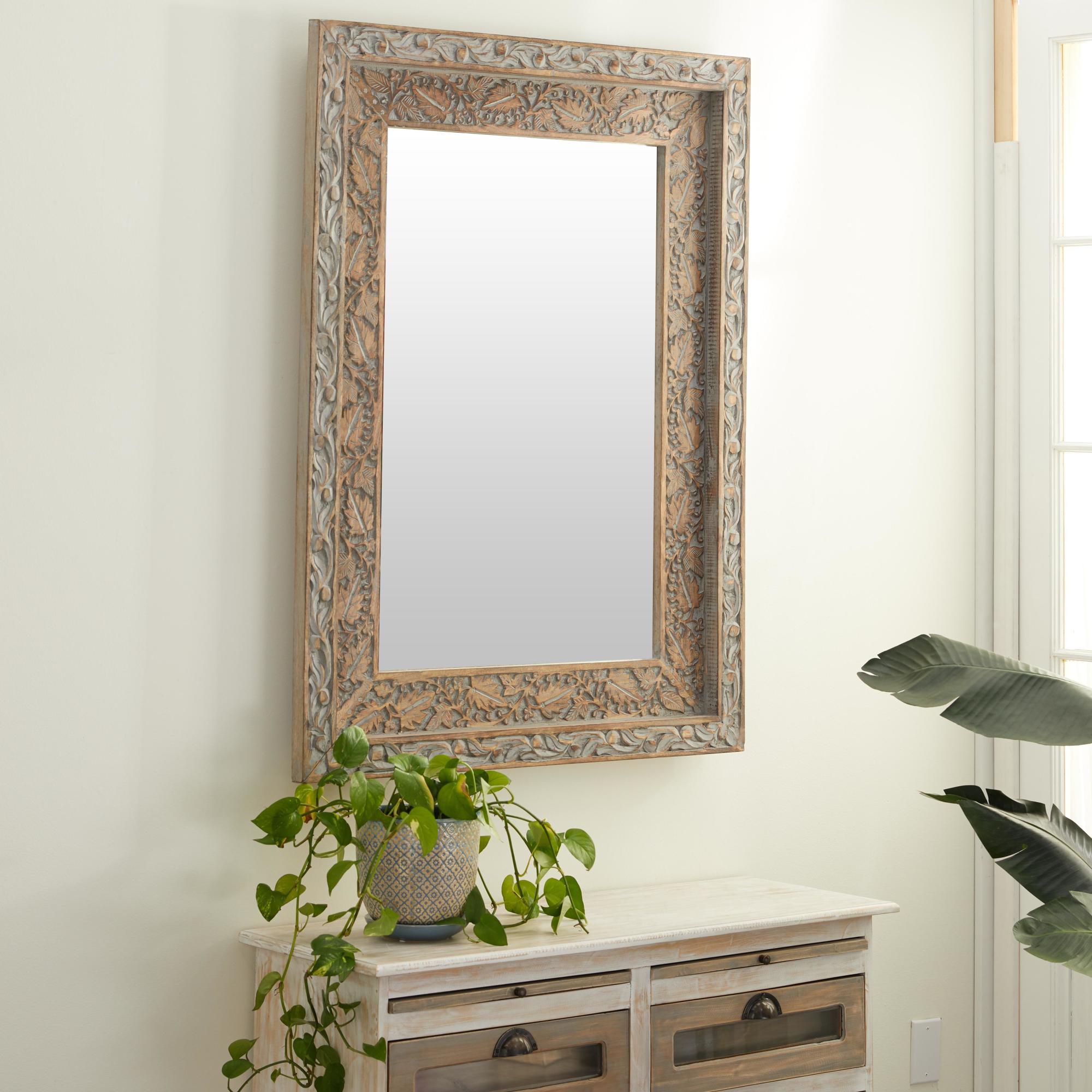 Floral Gray Wood Handmade Intricately Carved Room Wall Mirror