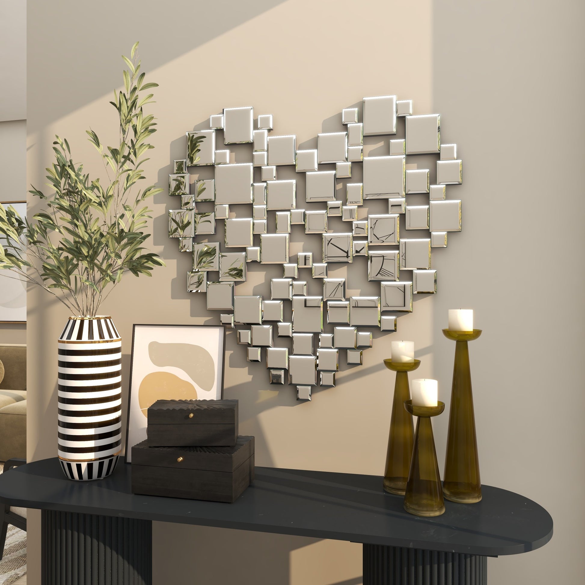Heart Silver Glass Geometric Mosaic Room Wall Mirror