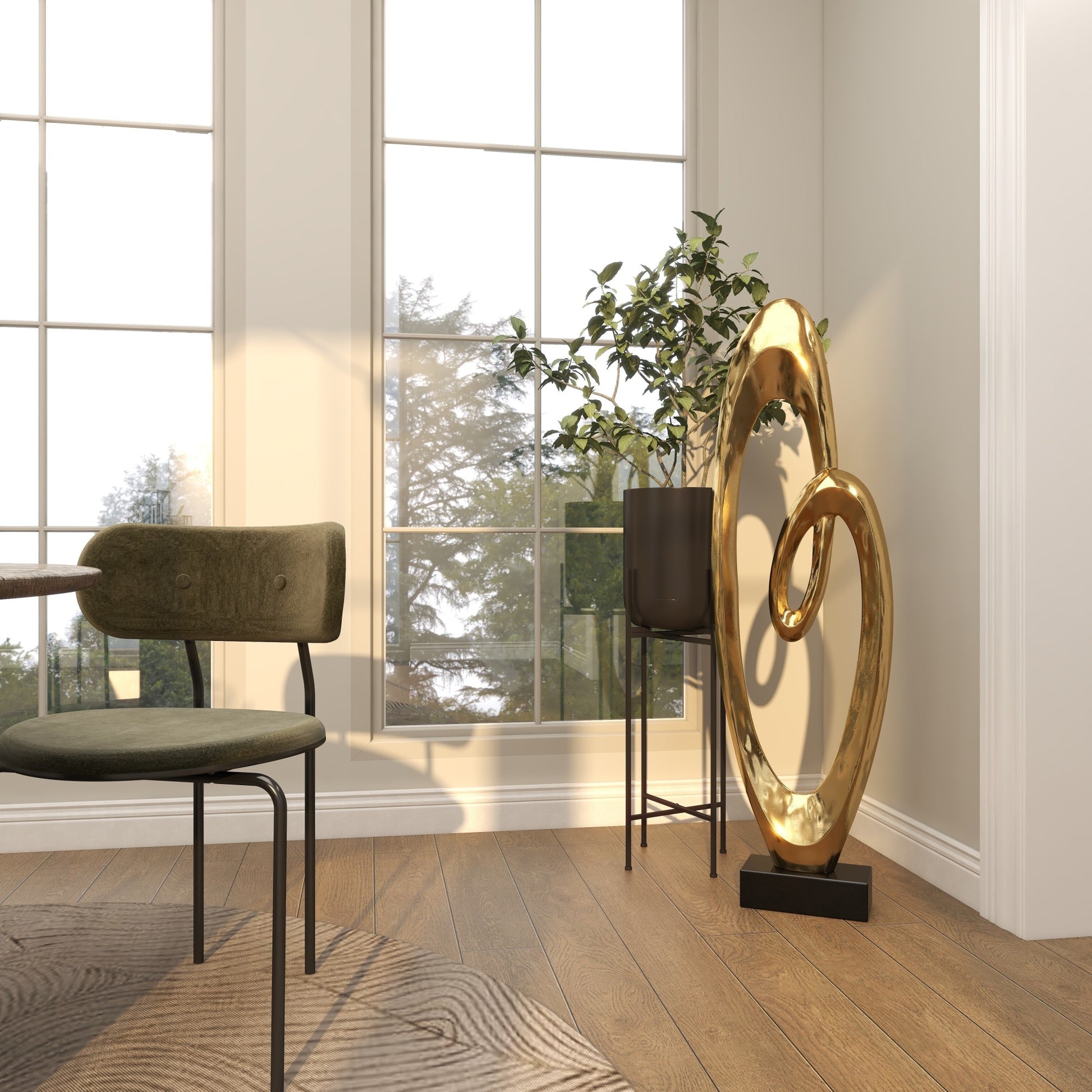 Abstract Aluminum Metal Tall Floor Loop Decorative Sculpture with Black Marble Base 16" x 5" x 52"