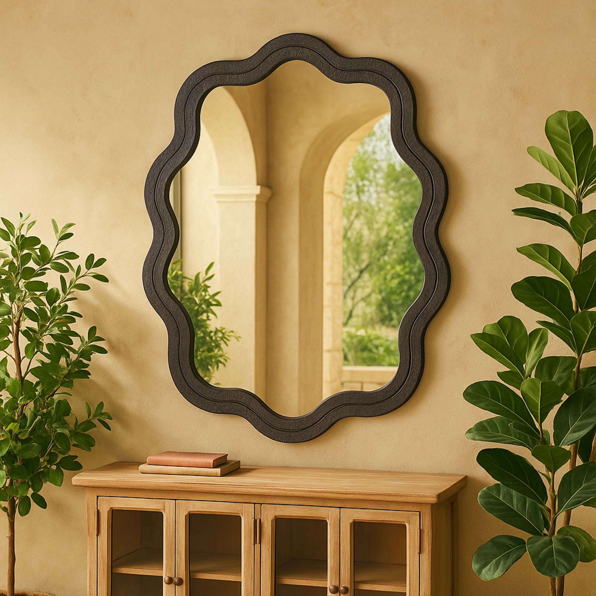 Black Wooden Handmade Wavy Room Wall Mirror with Dimensional Carved Frame