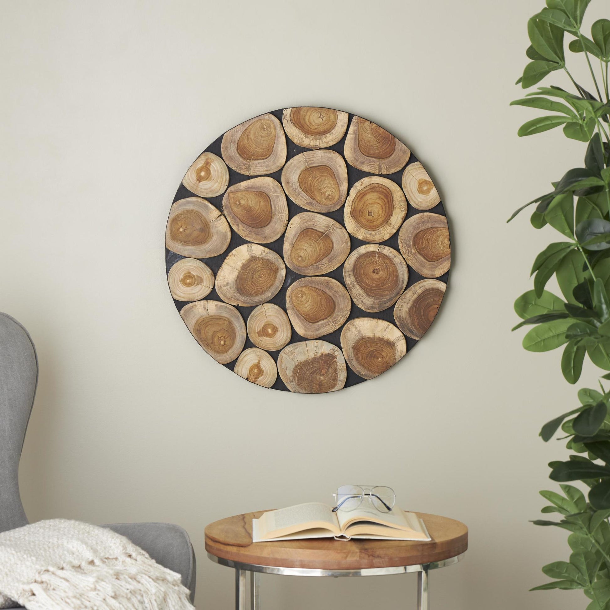 Abstract Brown Teak Wood Handmade Round Mosaic Inspired Wood Slab Home Wall Decor with Black Backing