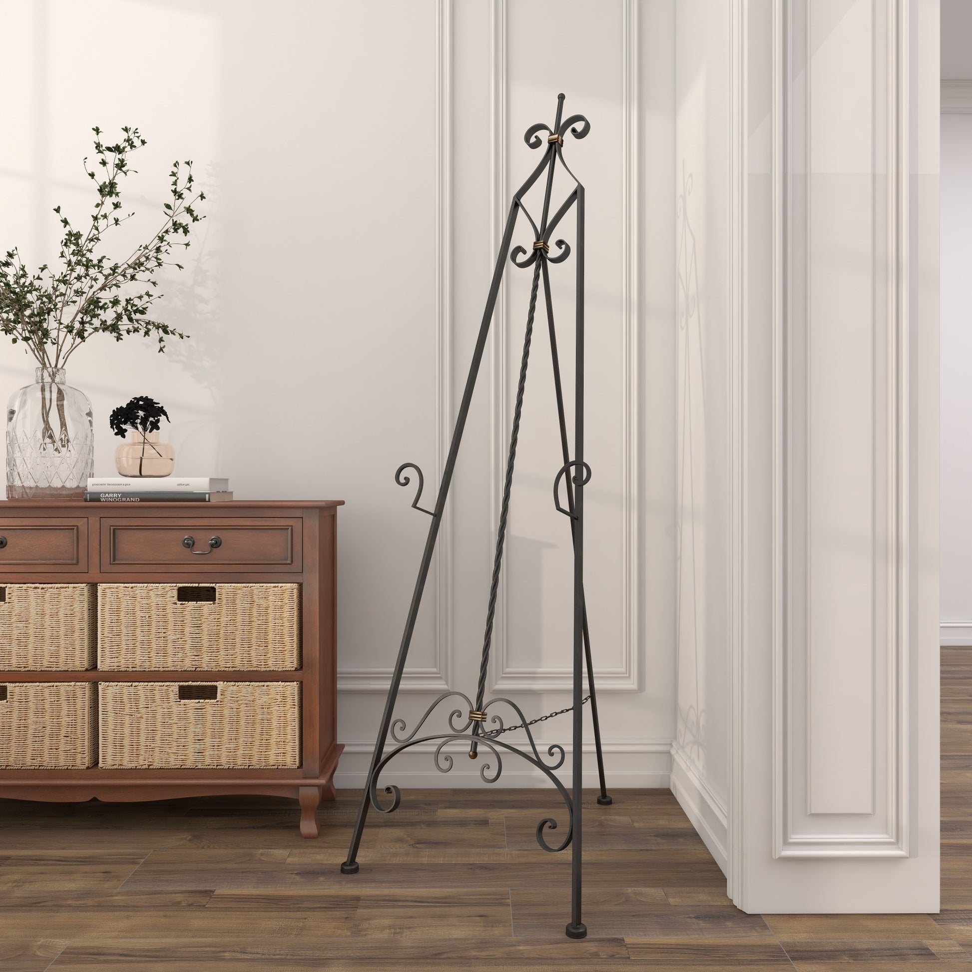 Scroll Black Metal Tall Adjustable Display Easel with Gold Accents
