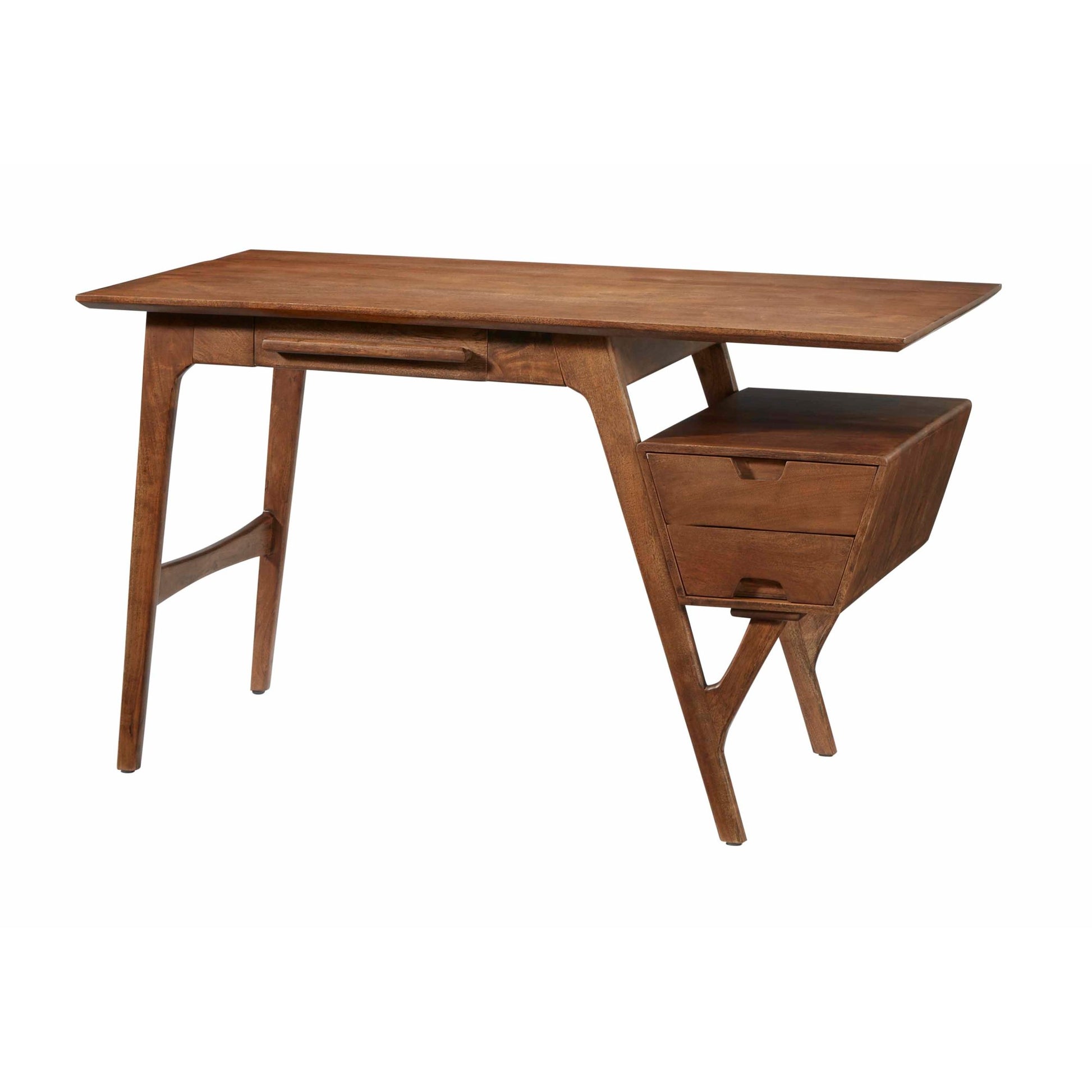 Geometric Brown Wood 3 Drawer Desk with Trapezoid Floating Side Shelf