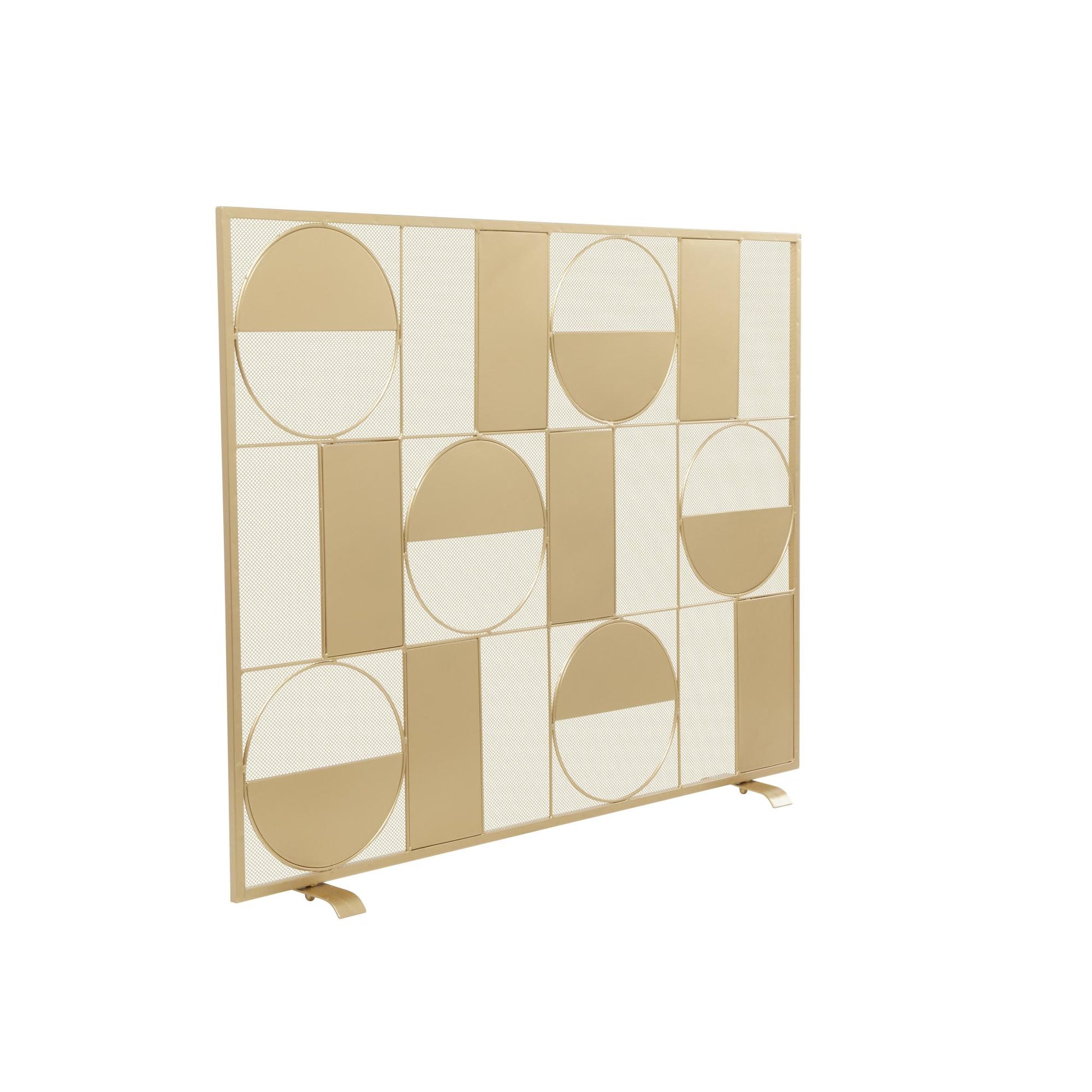 Geometric Gold Metal Cut-Out Single Panel Living Room Fireplace Screen with Mesh Netting