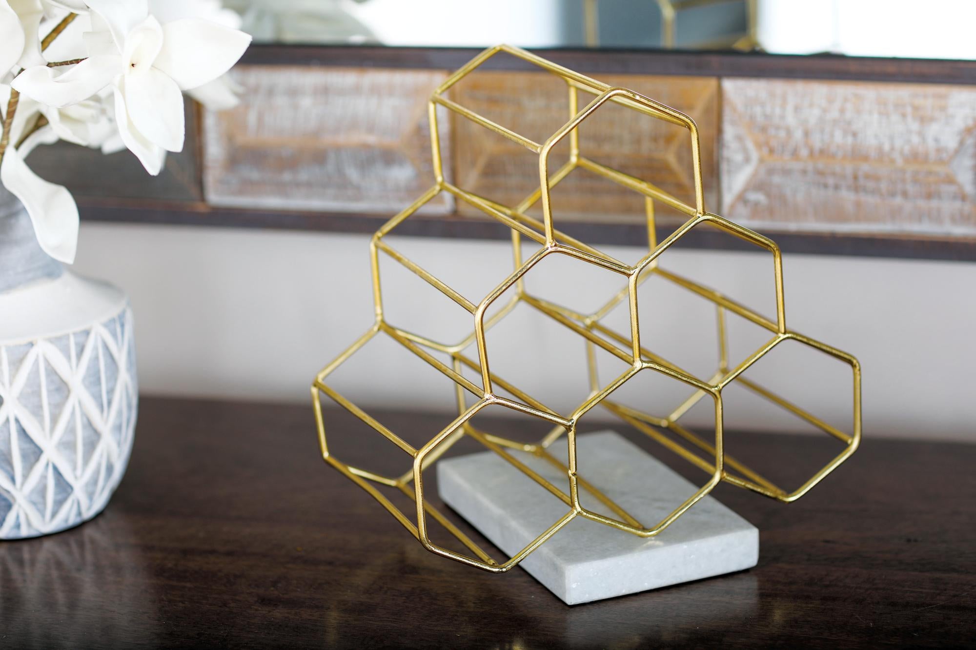 Geometric Gold Marble 6 Bottle Kitchen Wine Rack with Marble Base