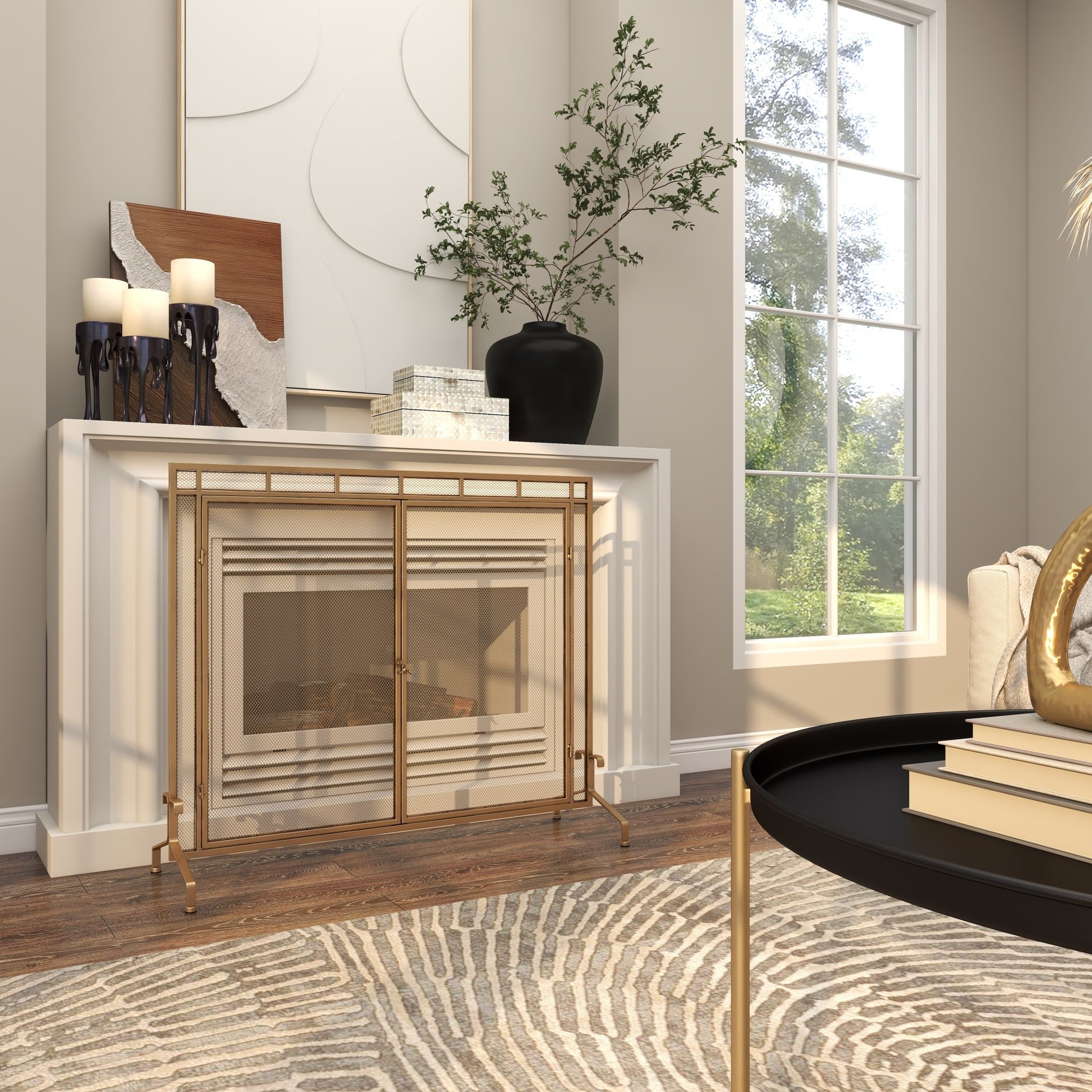 Gold Metal Geometric Single Panel Living Room Fireplace Screen with Latched Doors and Arched Feet