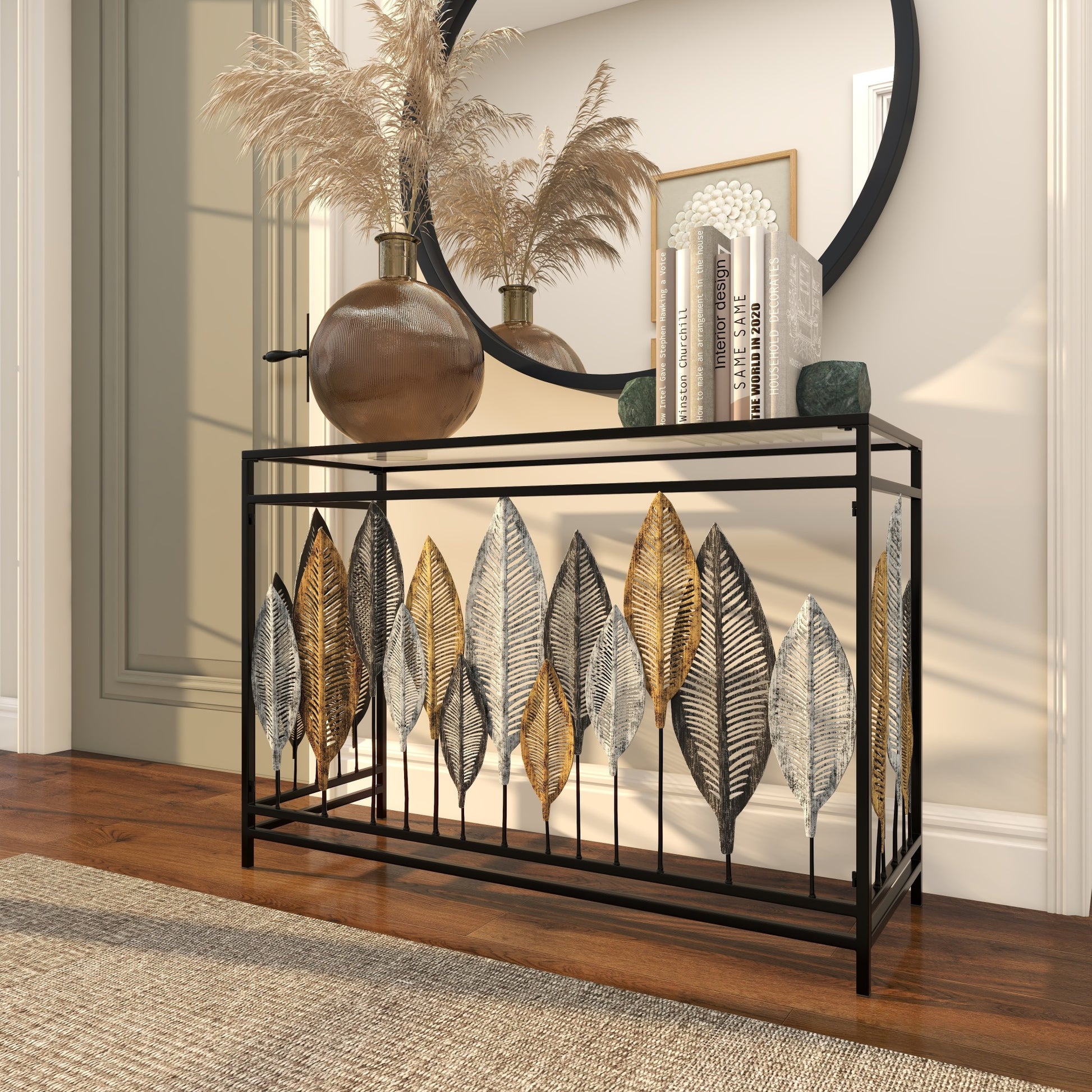 Leaf Metal Rectangular Living Room Console Table with Mirrored Glass Top and Gold Accents