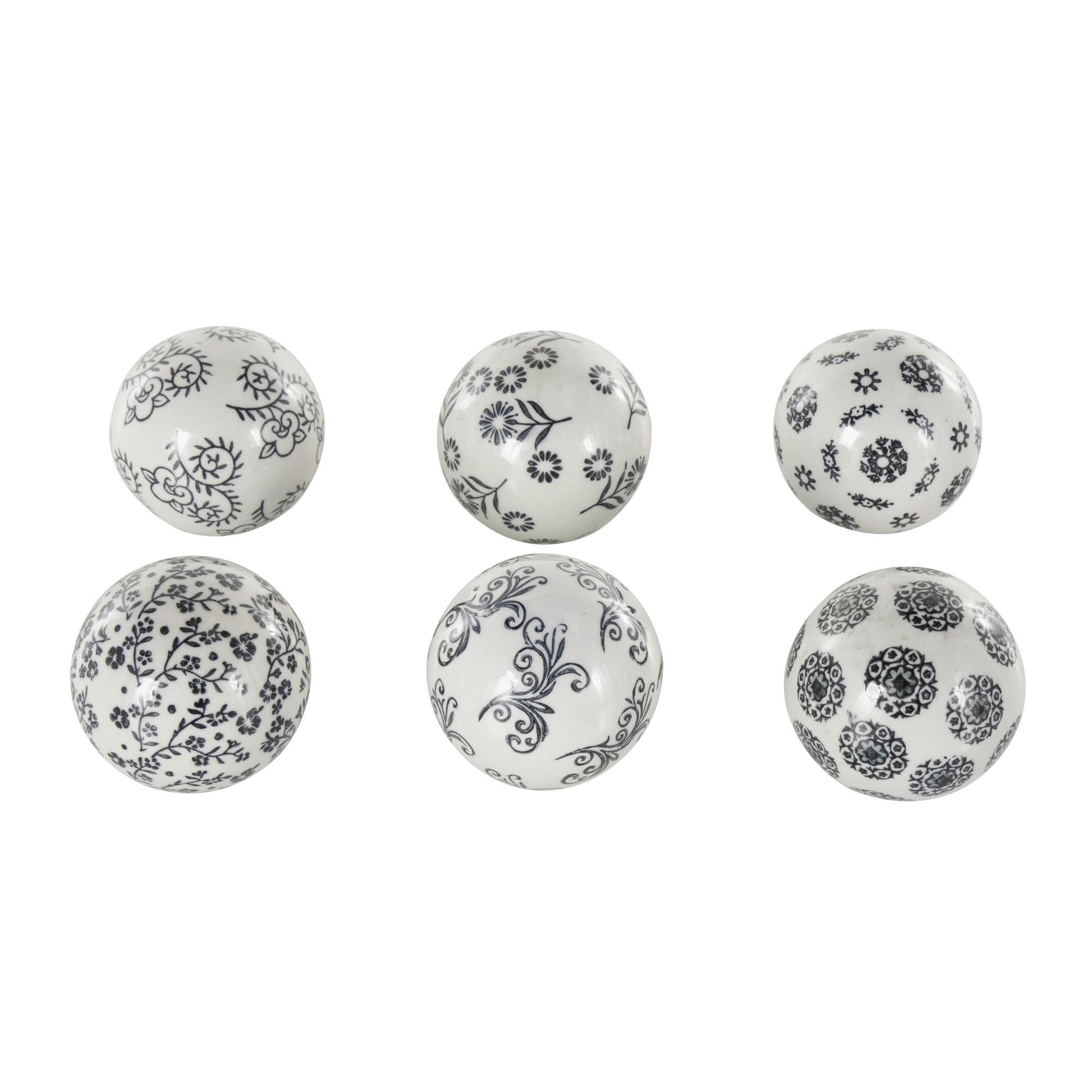 Set of 6 Floral Ceramic Glossy Decorative Orbs & Vase Filler with Varying Floral and Scroll Patterns Set of 6 3"W, 3"H