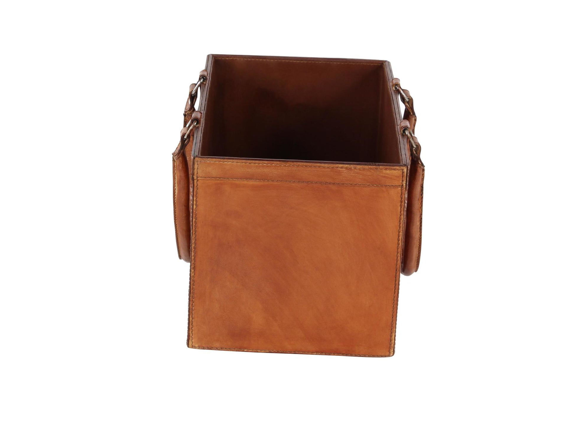 Brown Leather Handmade Box Style Decorative Magazine Holder with Detail Stitching and Curved Handles