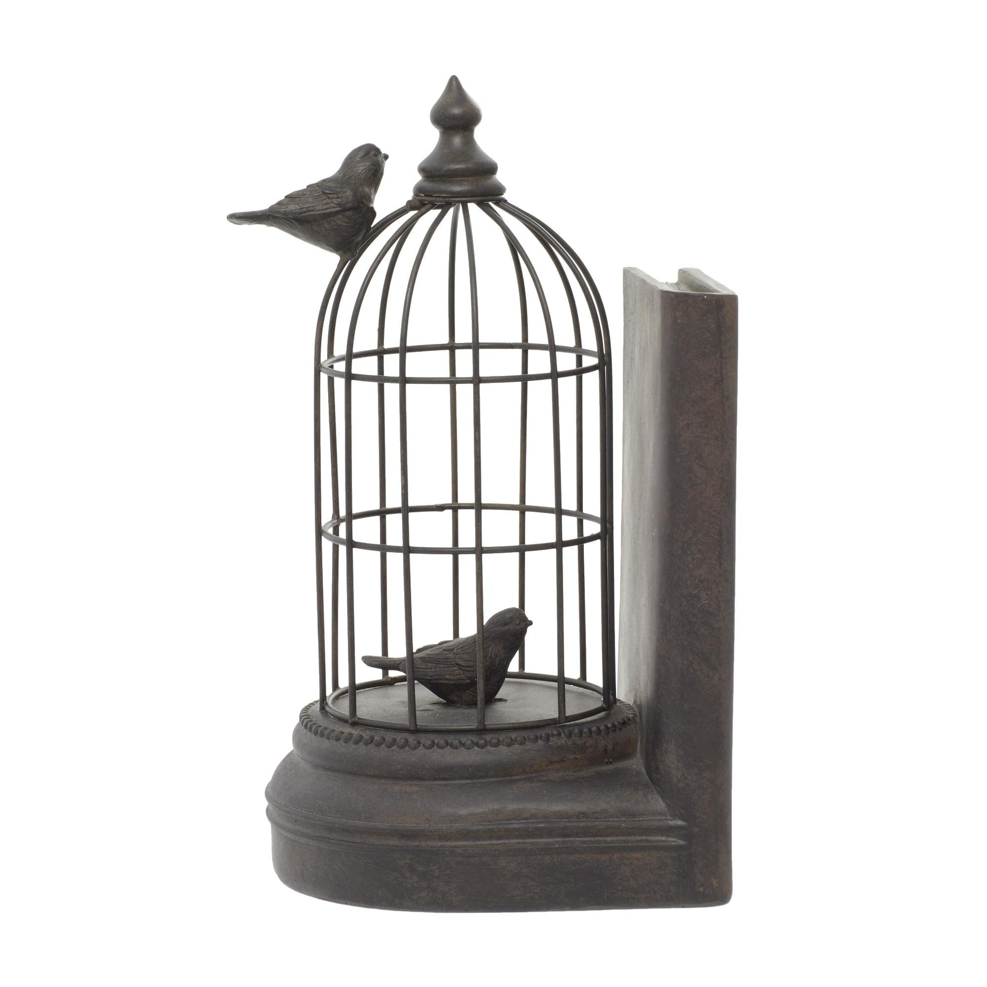 Set of 2 Bird Black Metal Decorative Bookends with Cages