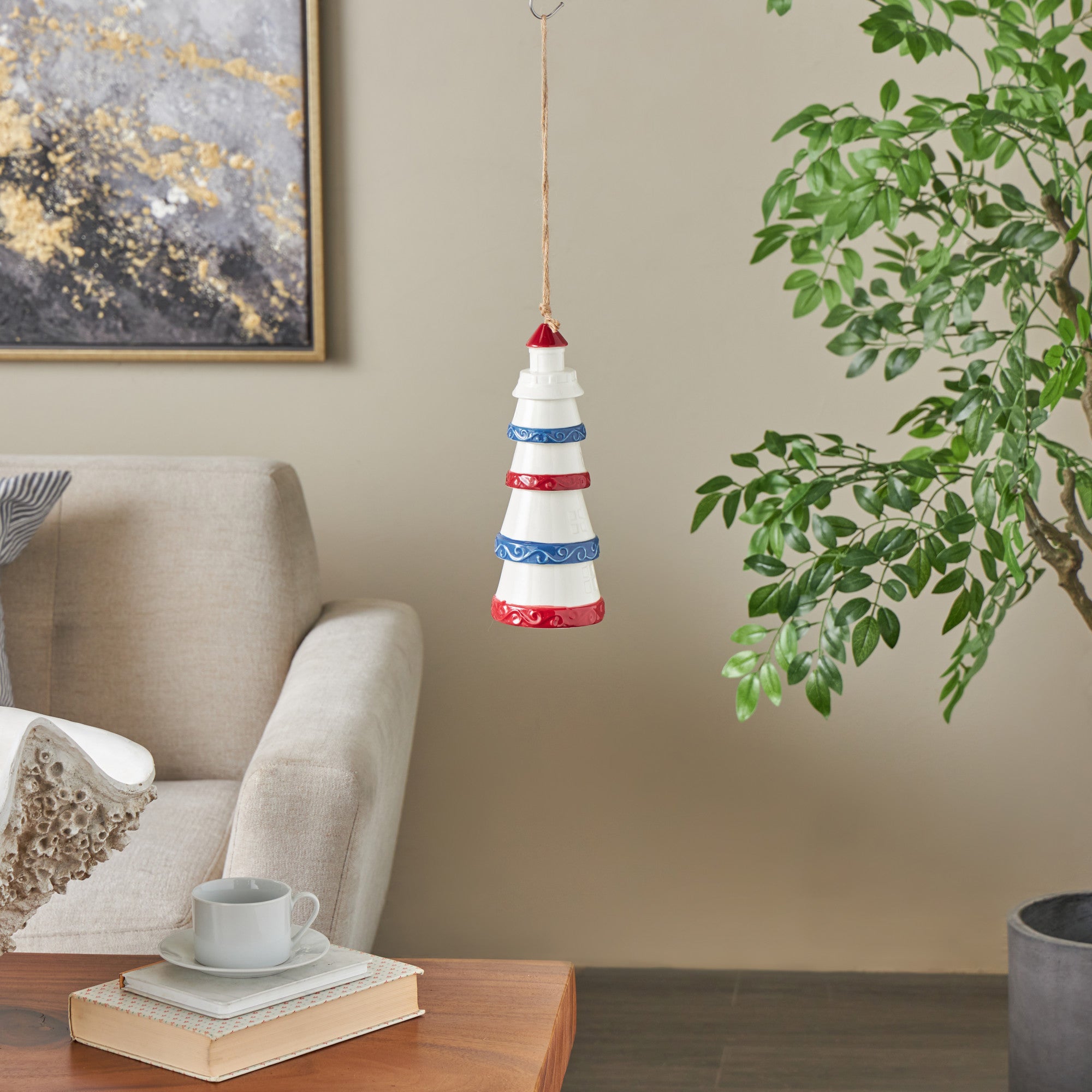 Light House White Ceramic Indoor Outdoor Windchime with Brown Rope and Blue and Red Accents