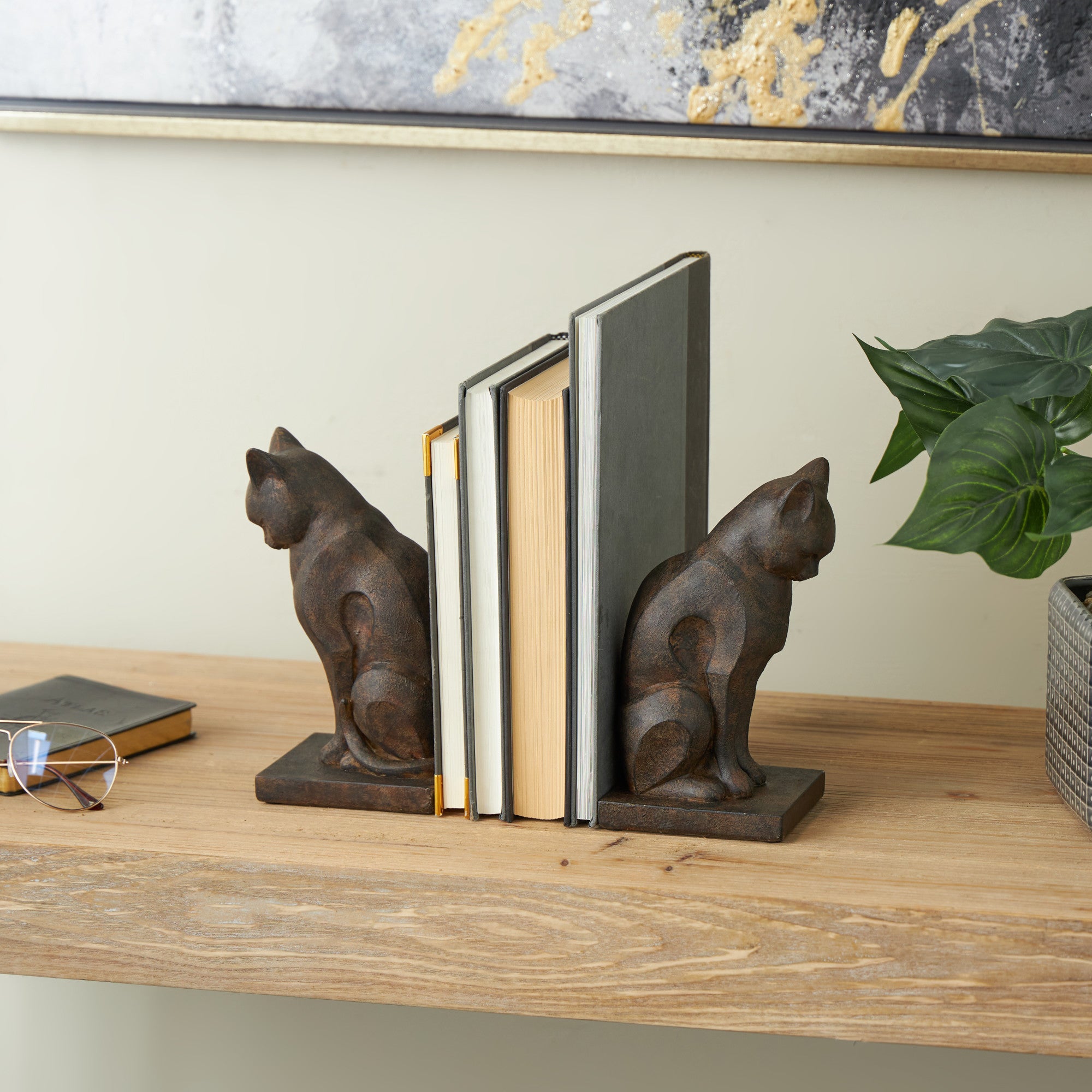 Set of 2 Cat Dark Brown Resin Frowning Decorative Bookends with Copper Accents