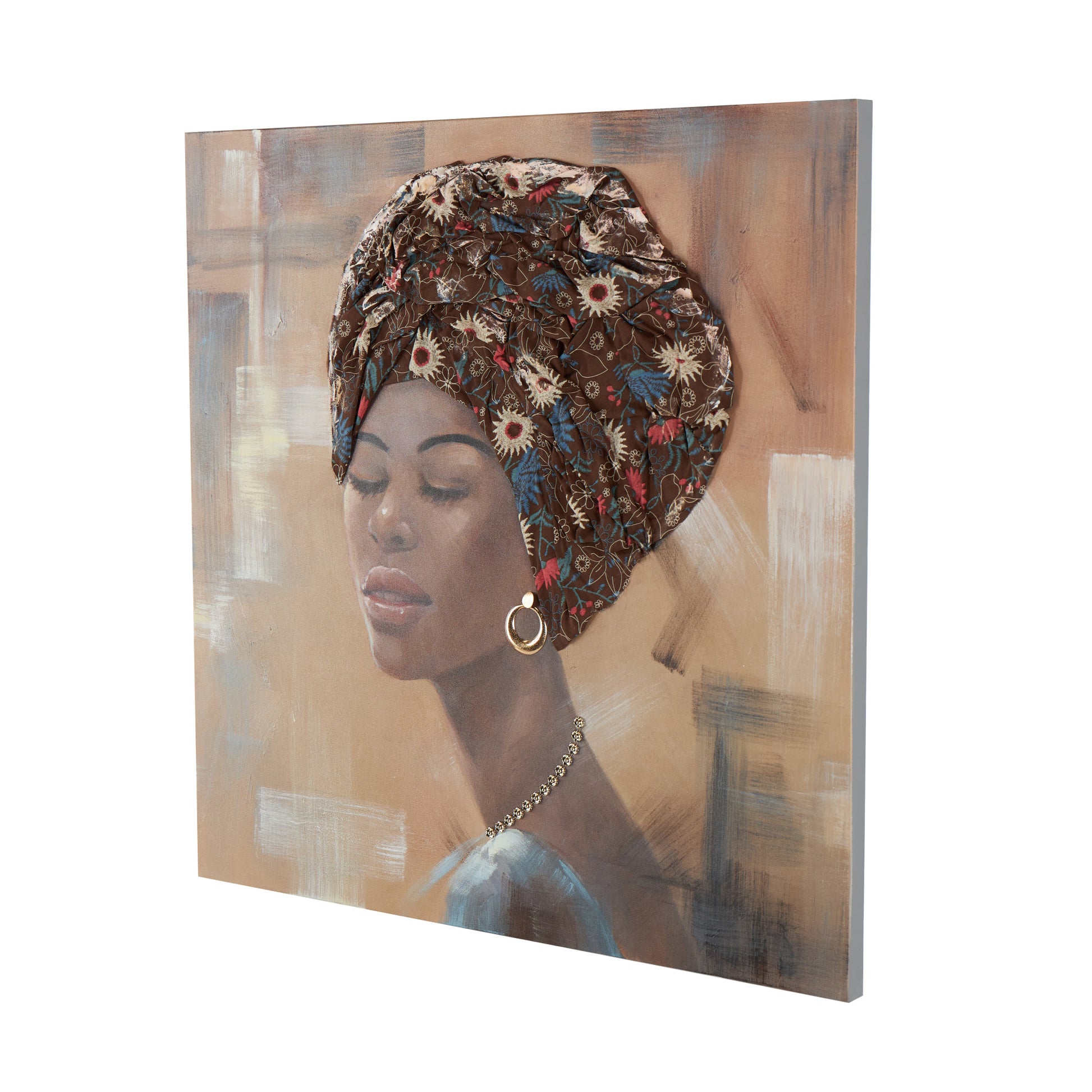 Woman Brown Canvas Decorative Wall Art with 3D Fabric Headwear And Gold Jewels