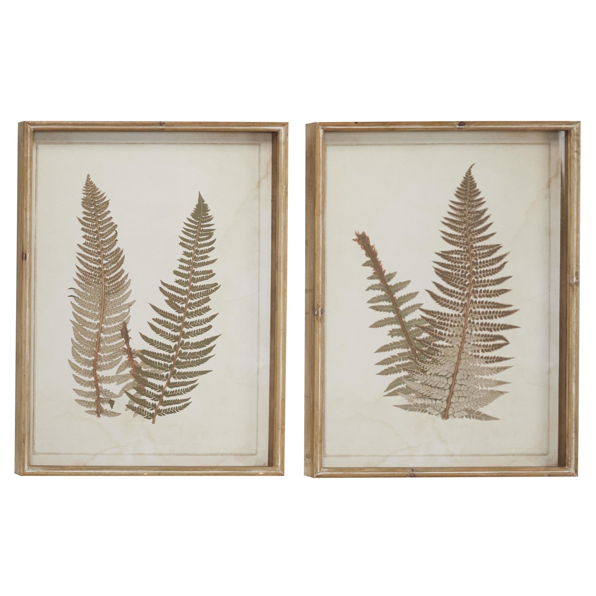 Set of 2 Leaf Brown Wood Fern Home Shadow Box with Beige Backing