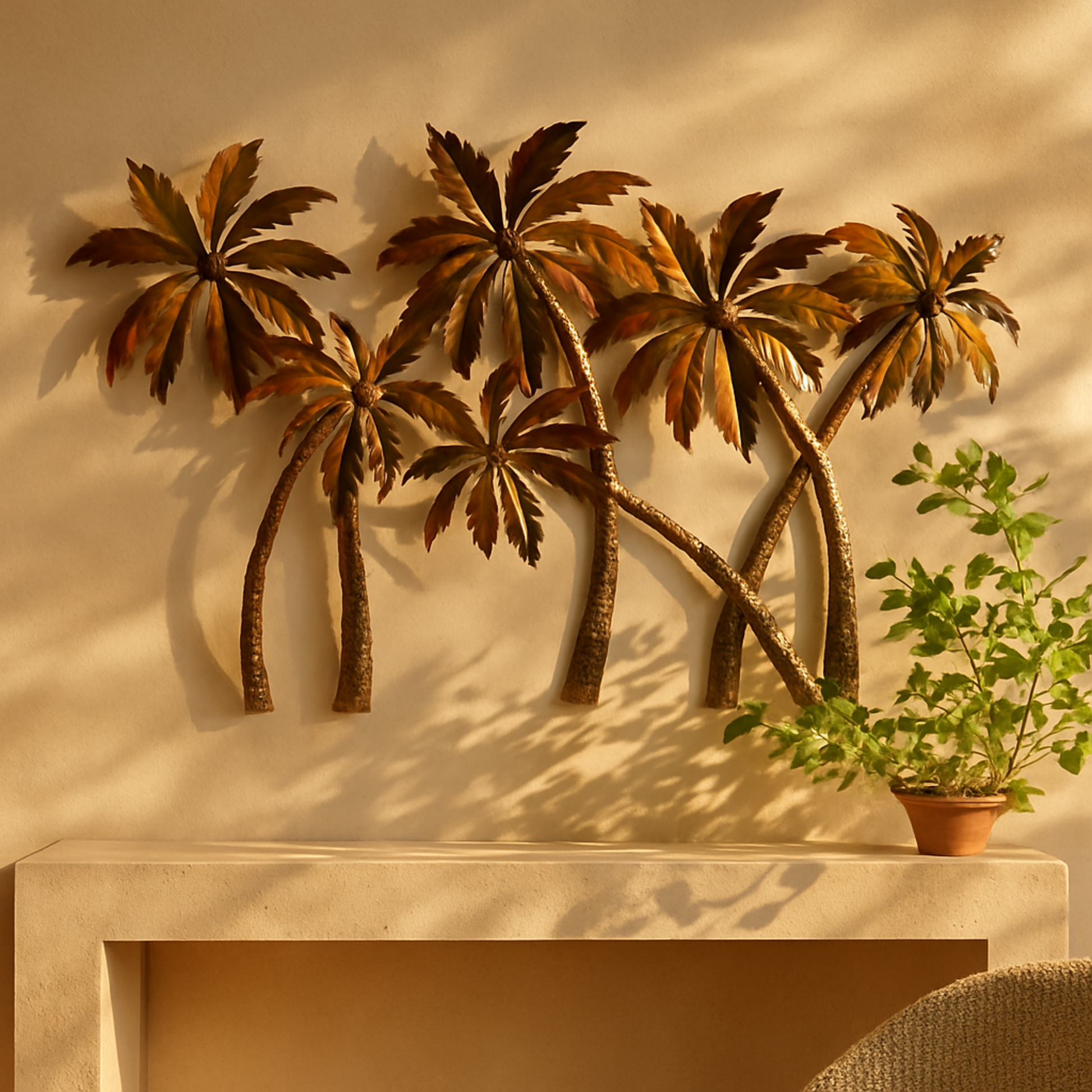 Tree Copper Stainless Steel Metal Slanted Home Wall Decor with Red and Yellow Accents