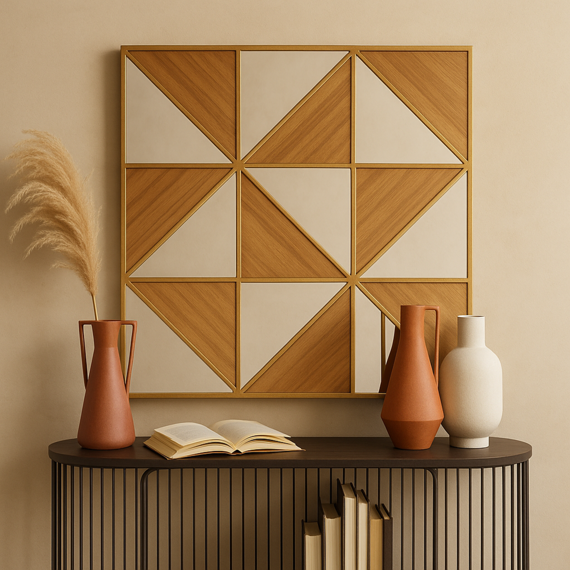 Geometric Light Brown Wood Triangle Mirrored Home Wall Decor
