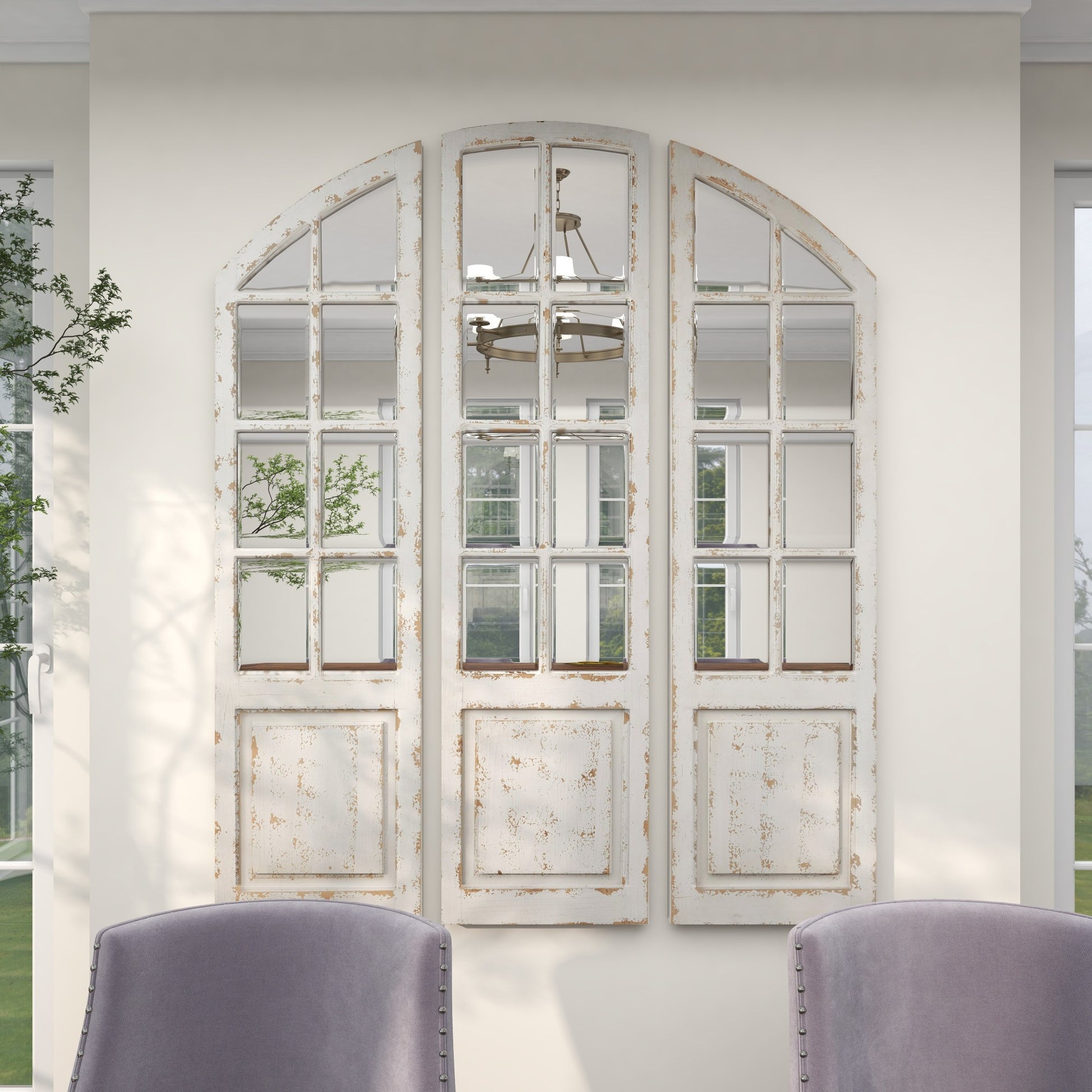 Set of 3 White Wood Window Pane Inspired Room Wall Mirror with Arched Top and Distressing