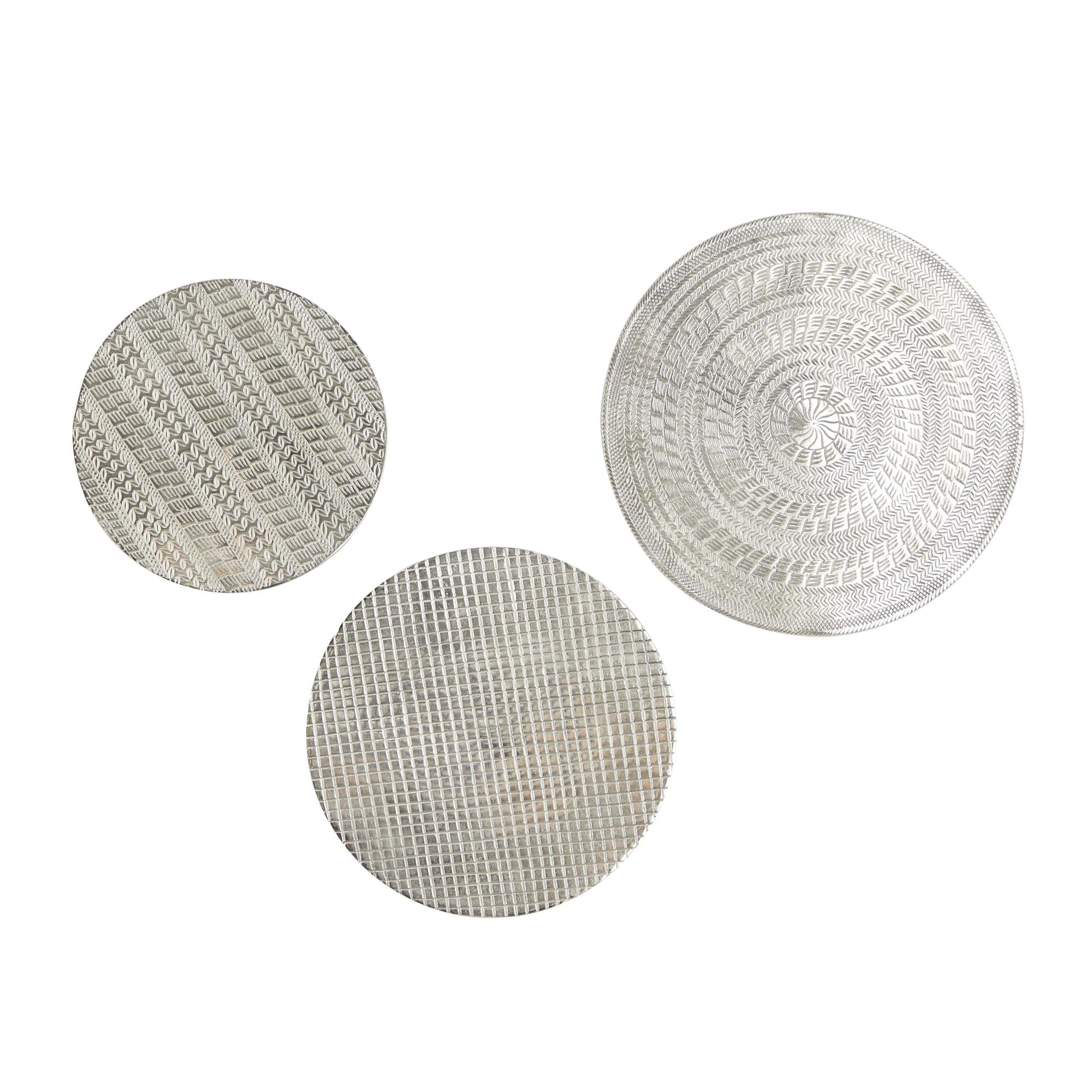Set of 3 Plate Silver Aluminum Metal Carved Designs Home Wall Decor