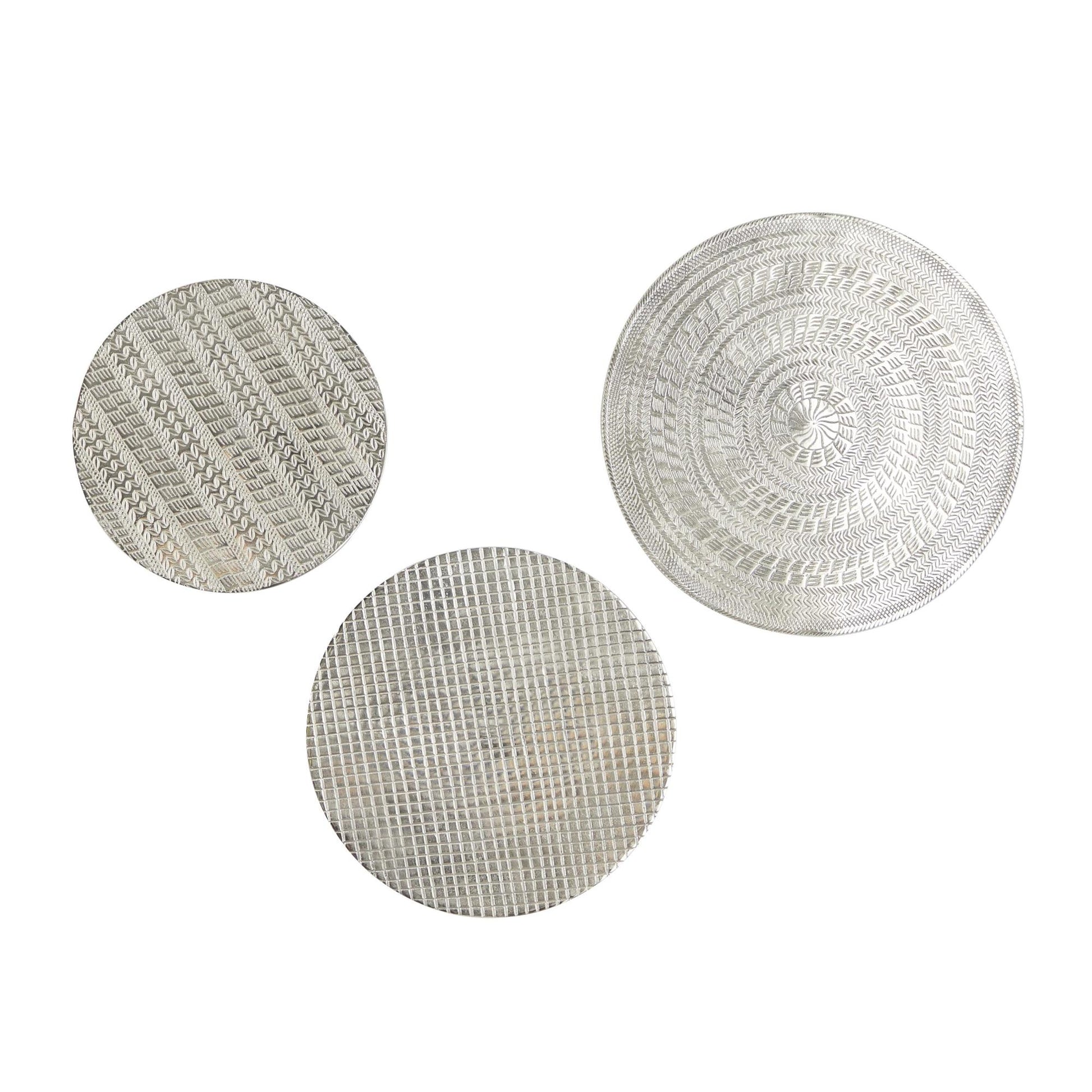 Set of 3 Plate Silver Aluminum Metal Carved Designs Home Wall Decor