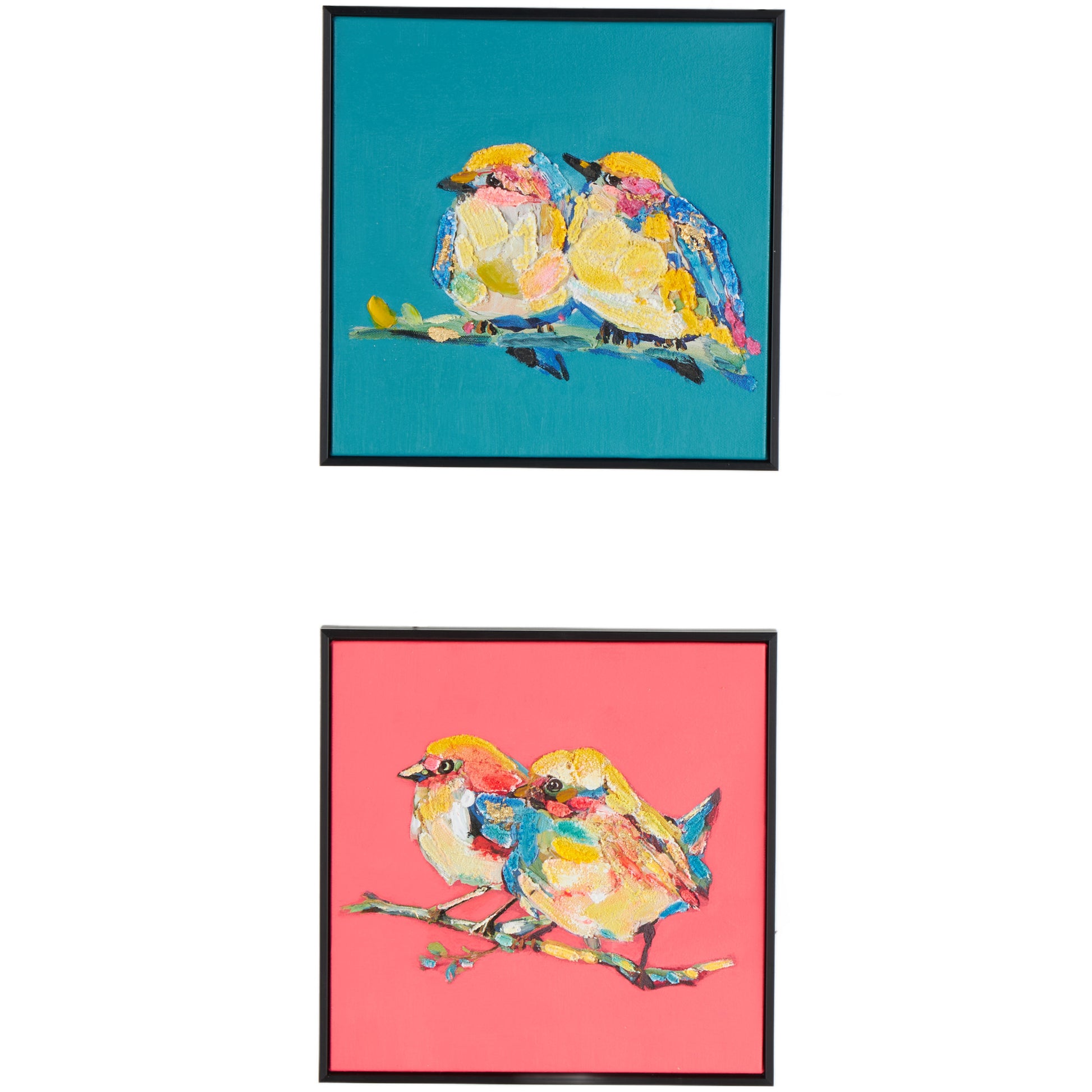 Set of 2 Bird Multi Colored Canvas Colorful Living Room Framed Wall Art with Black Frame and Gold Foil Accents