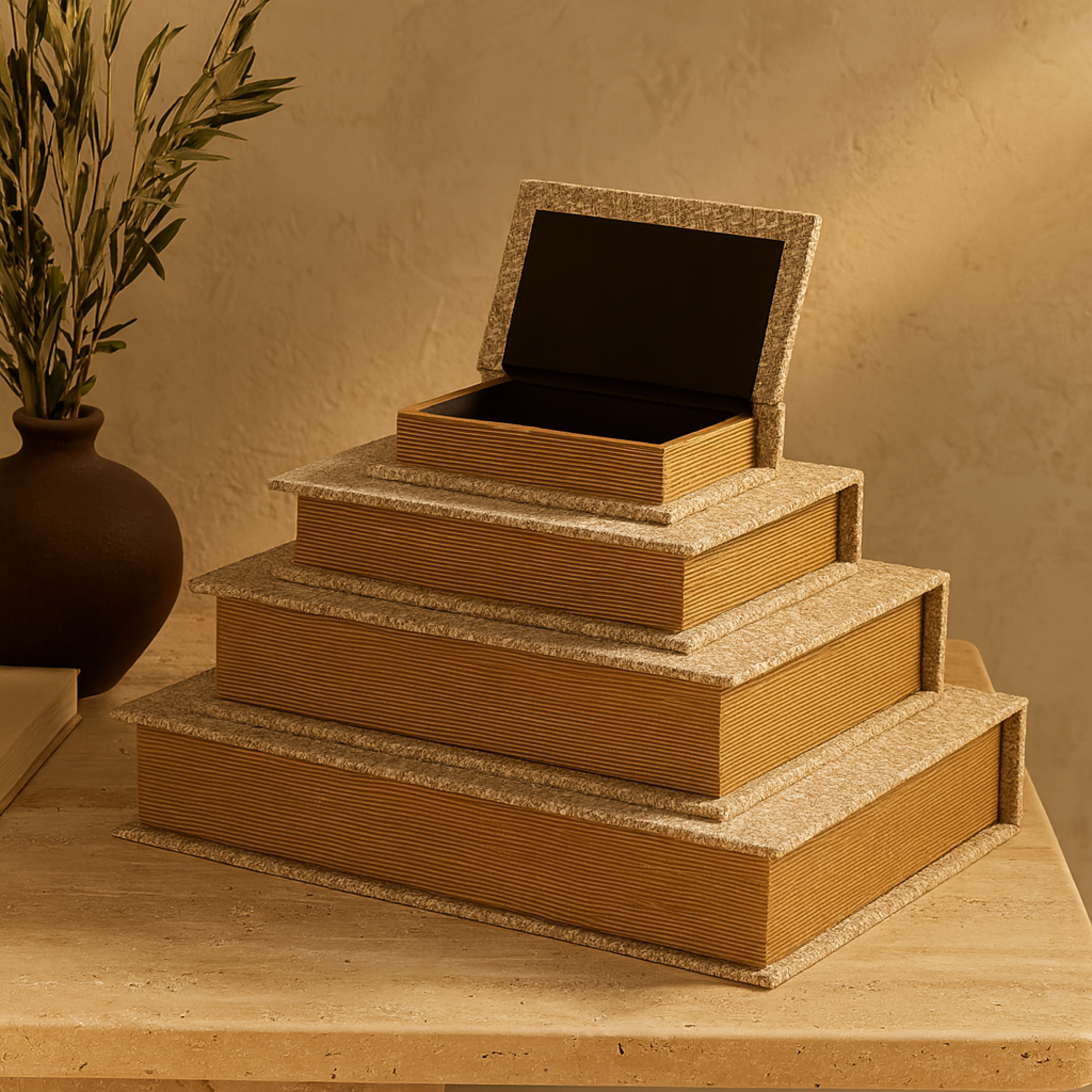 Set of 3 Linen Fabric Chevron Patterned Book Storage Decorative Box Set of 3 12", 9", 6"H