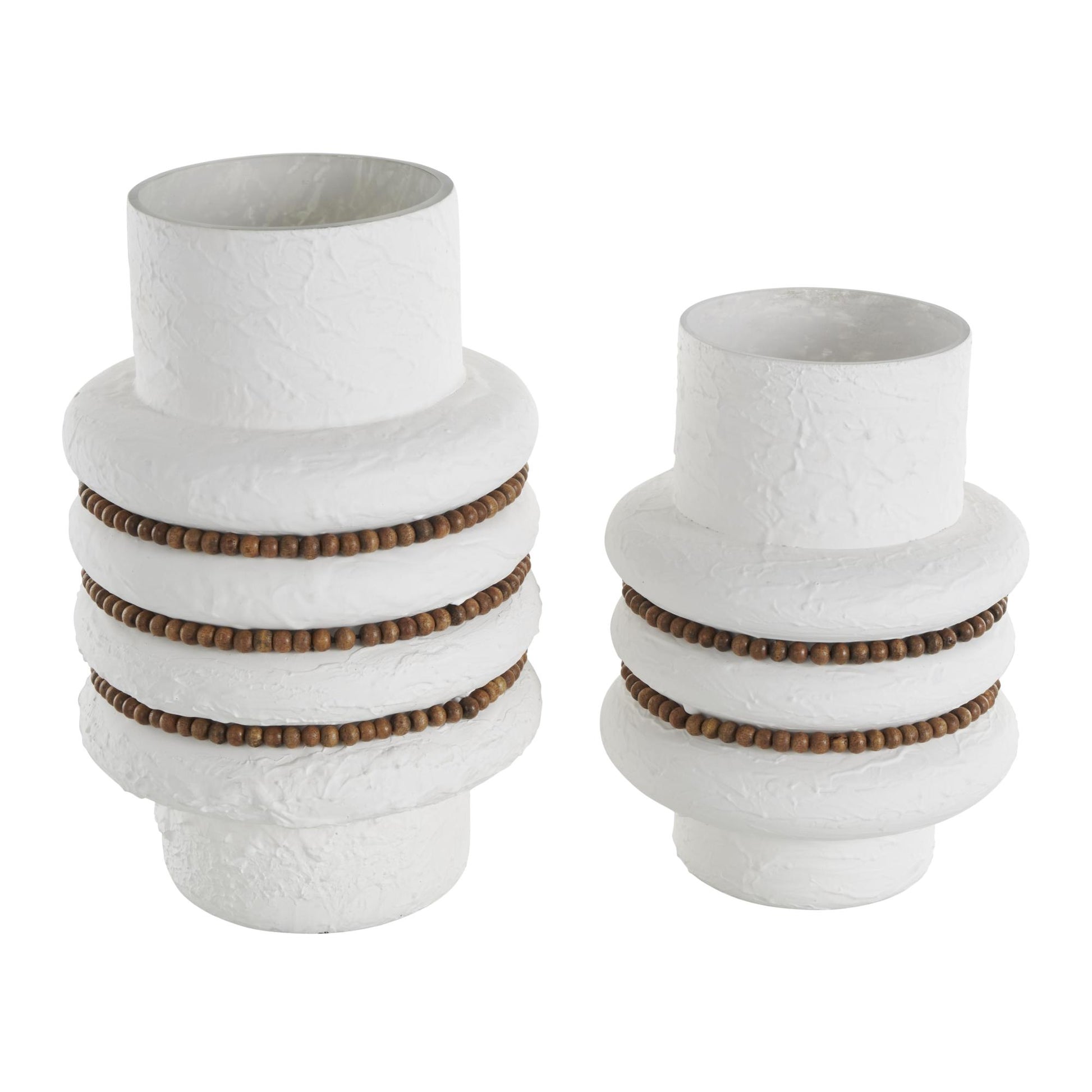 Set of 2 White Glass Textured Decorative Vase with Brown Wood Beaded Stripes