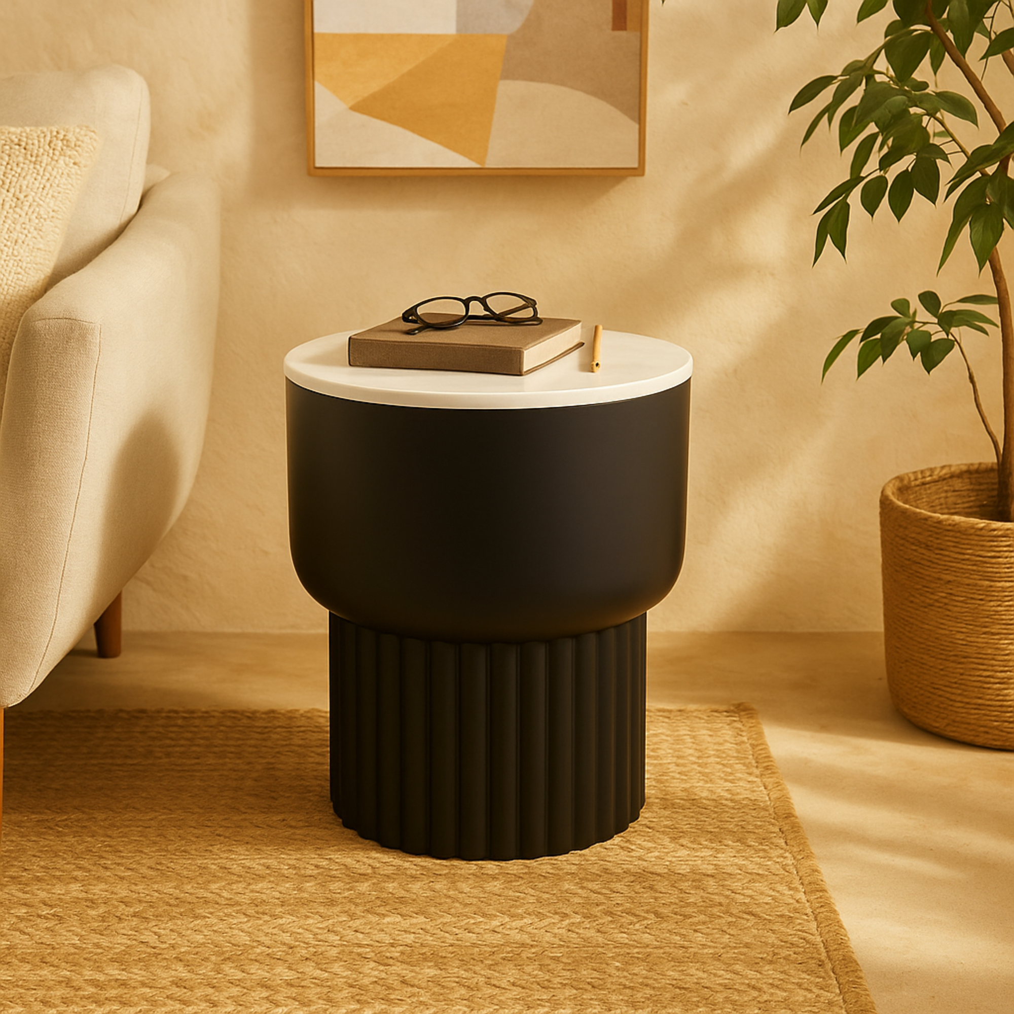 Black Metal Ribbed Side End Accent Table with White Marble Tabletop