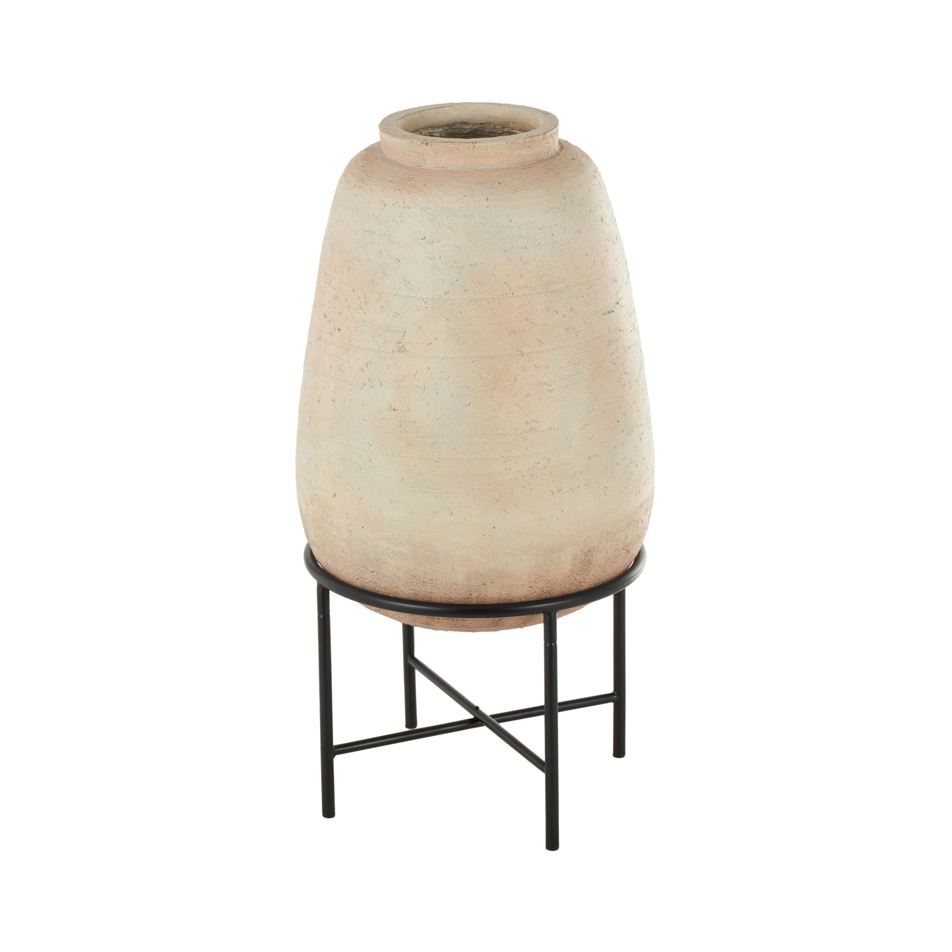 Beige Magnesium Oxide Wide Decorative Vase with Black Metal Stand