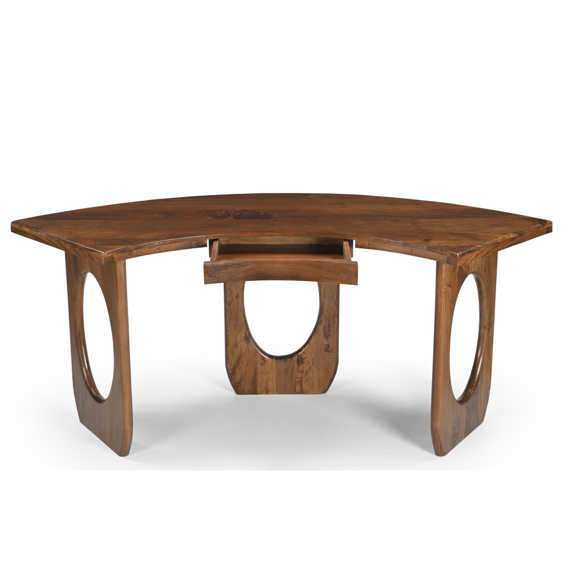 Geometric Brown Wood Curved 1 Drawer Desk with 2 Oval Cutout Legs