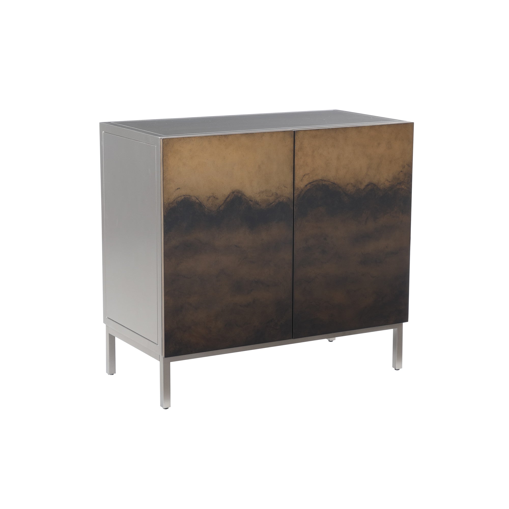 Silver Metal 2 Door Media Credenza Cabinet with Brown Wavy Designed Wooden Front