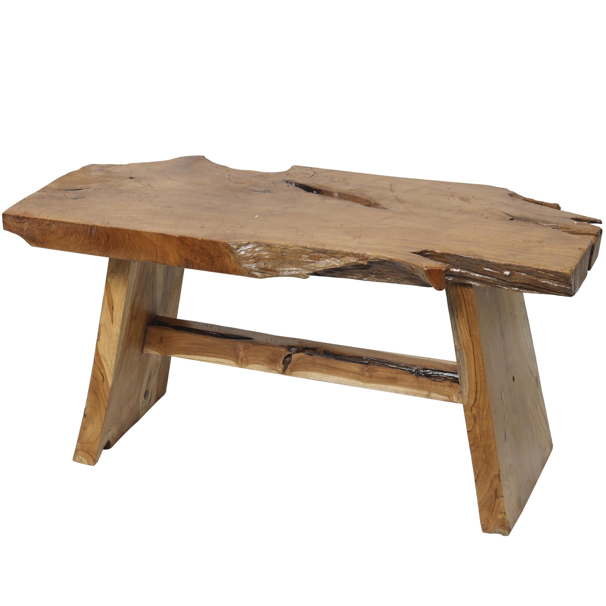 Brown Teak Wood Handmade Natural Live Edge Living Room Coffee Table with Angled Base