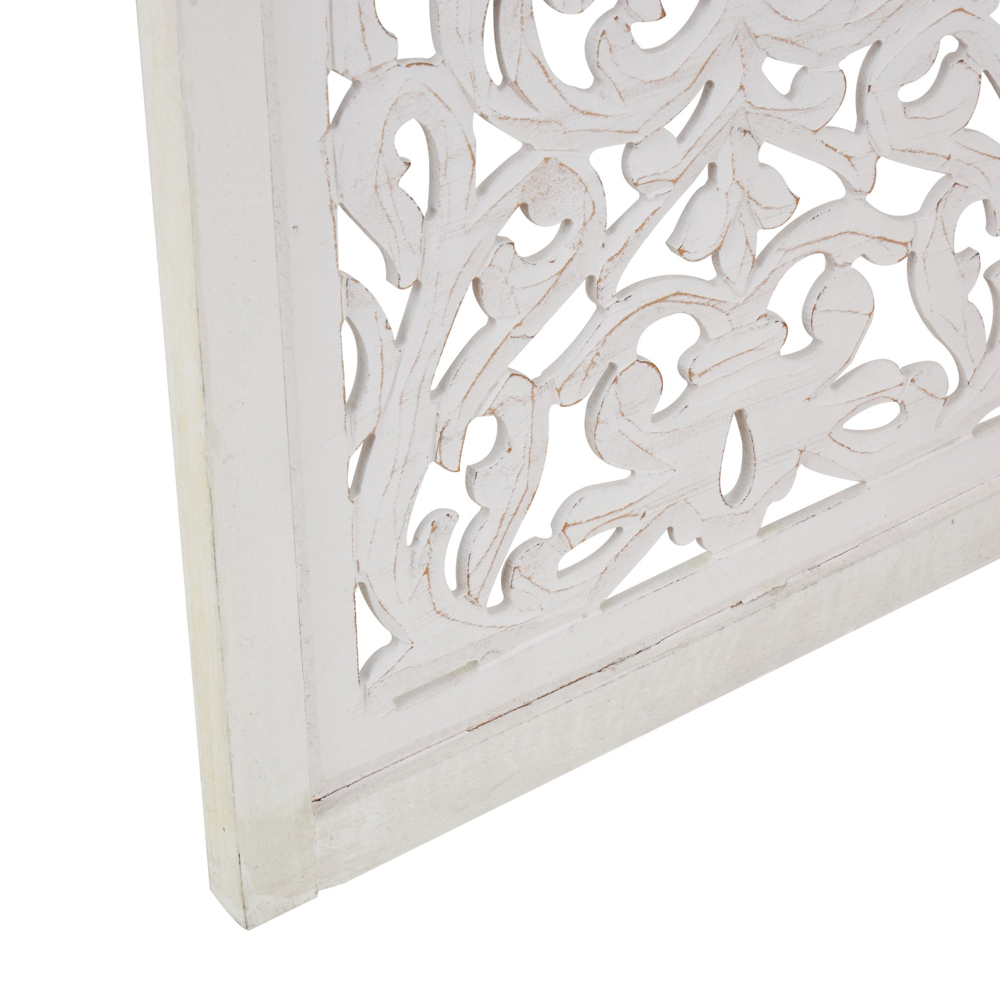 Floral White Wooden Handmade Foldable Partition 3 Panel Partition Room Divider Screen with Carved Design