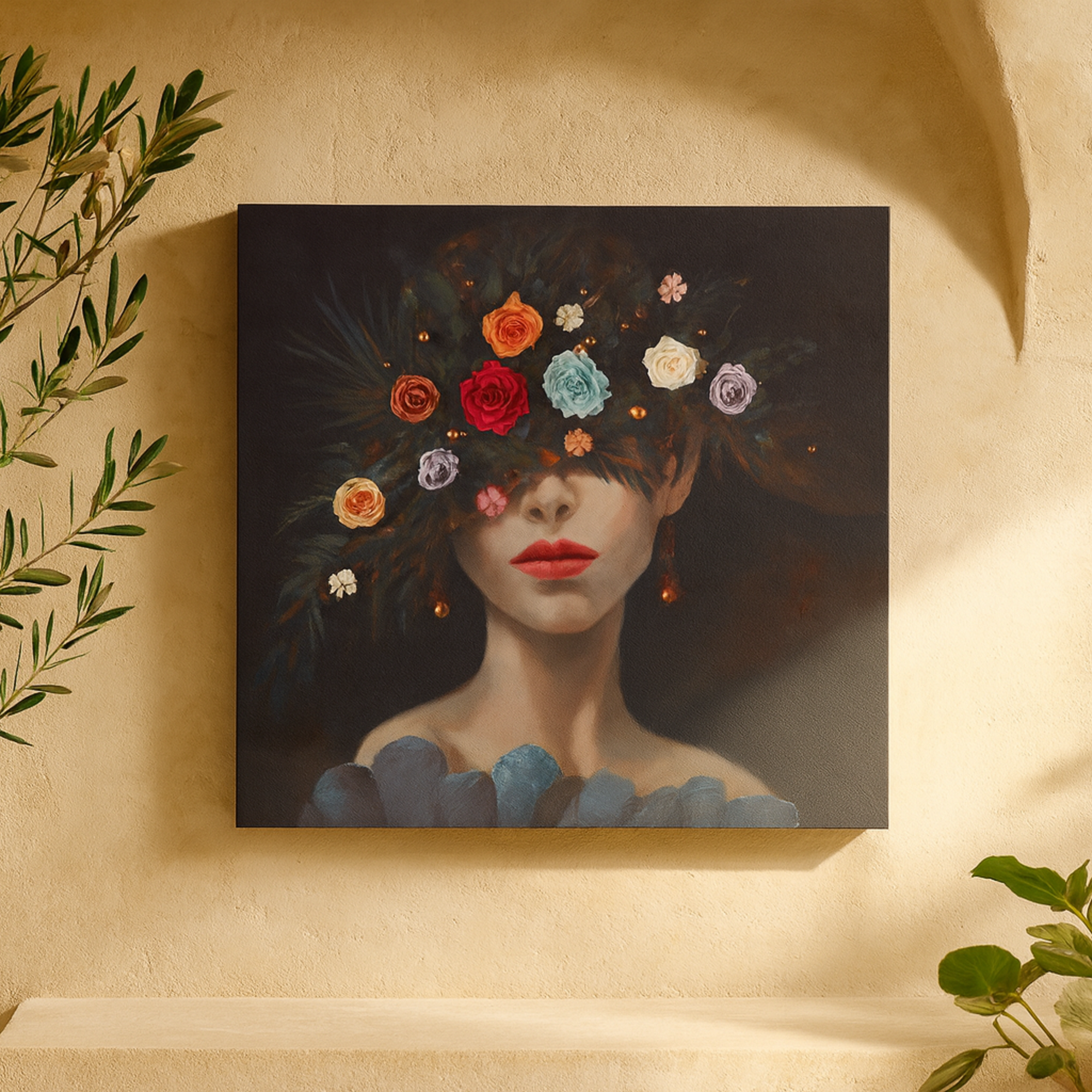 Woman Multi Colored Canvas Decorative Wall Art with 3D Multicolor Flowers and Gold Jewels