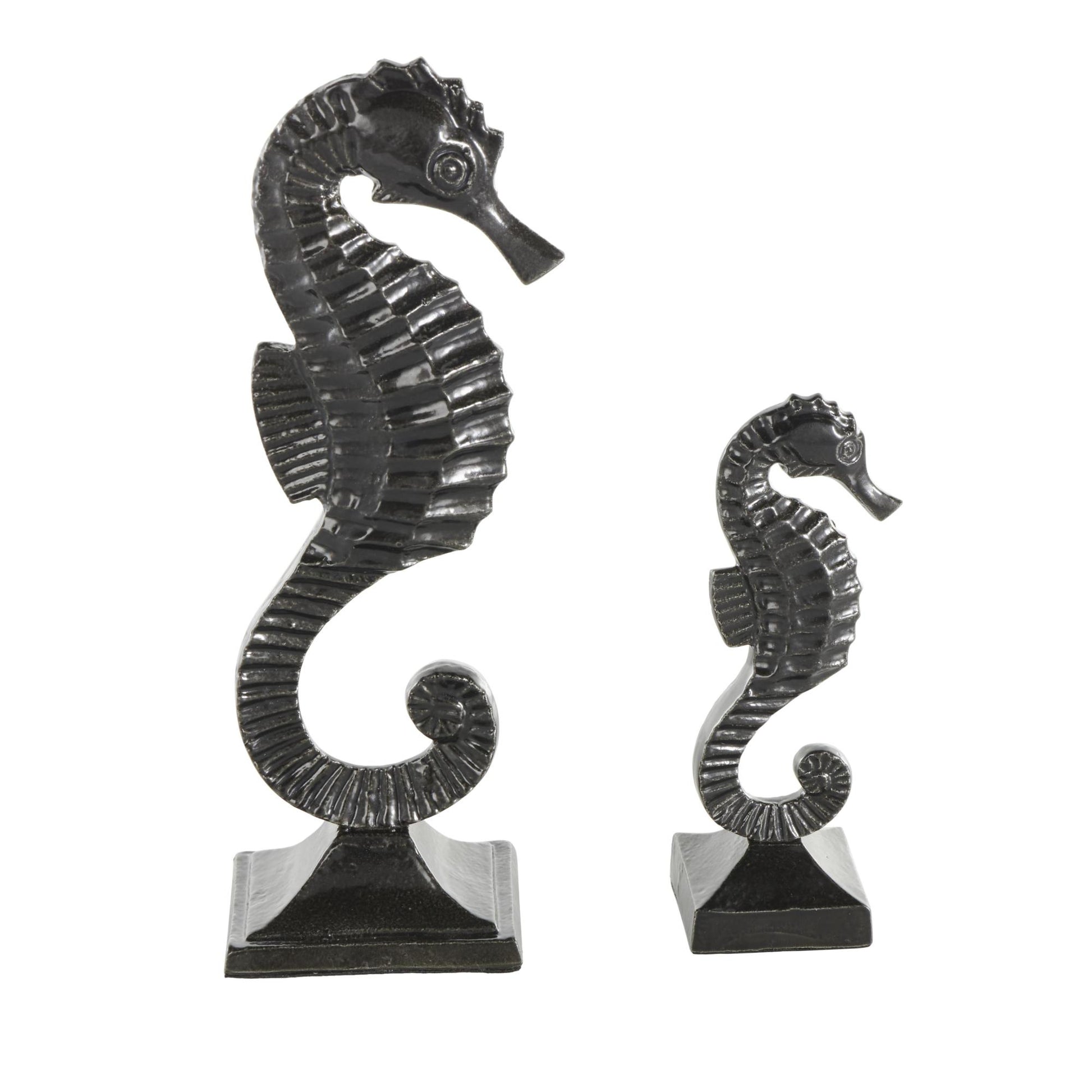 Set of 2 Sea Horse Black Aluminum Metal Decorative Sculpture with Square Bases