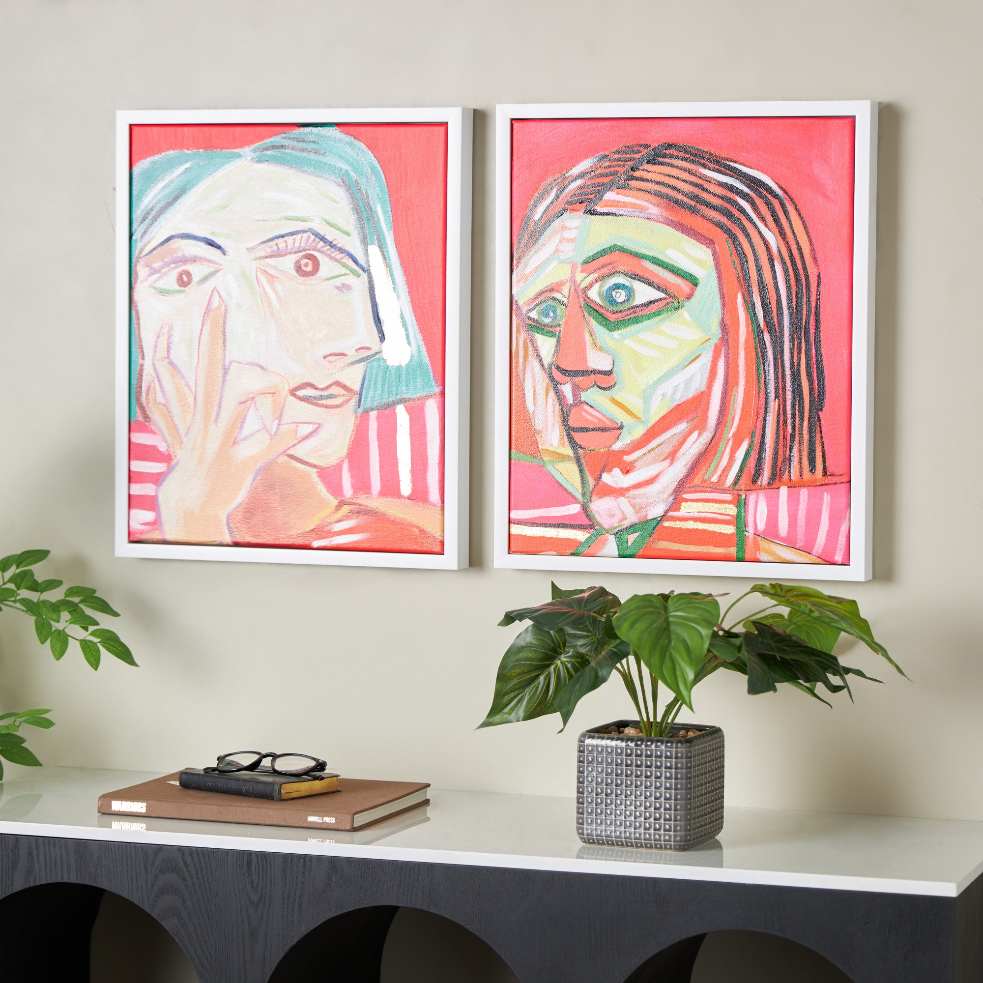 Set of 2 Face Pink Canvas Living Room Framed Wall Art with Teal and Black Accents