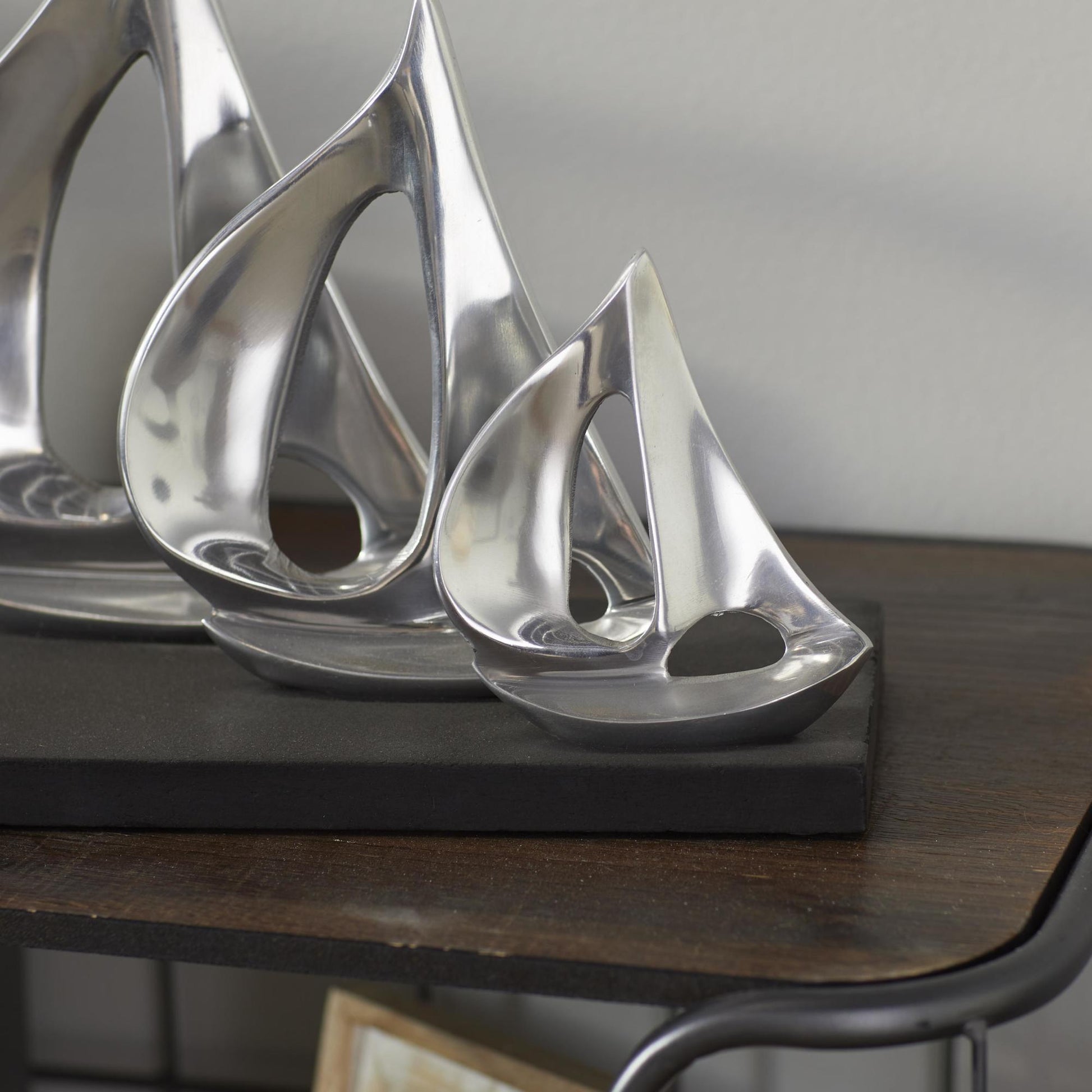 Sail Boat Silver Aluminum Metal Decorative Sculpture with Black Base