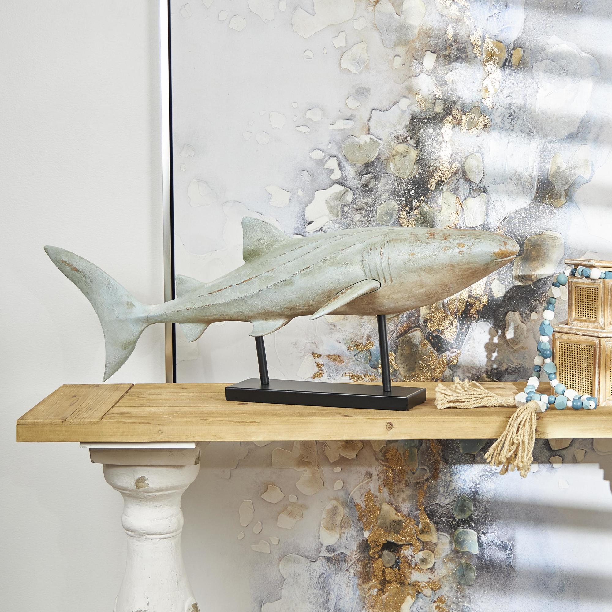 Shark Light Blue Polystone Distressed Decorative Sculpture with Brown Wood Inspired Accents and Black Stand